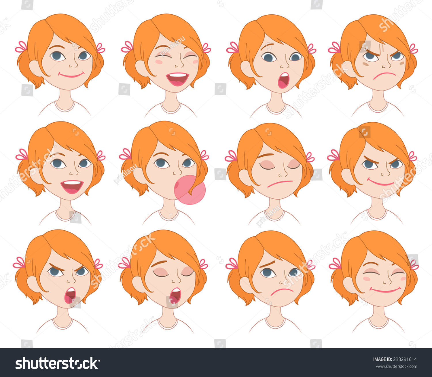 Set Cartoon Cute Caucasian Girl Face Stock Vector 233291614 - Shutterstock