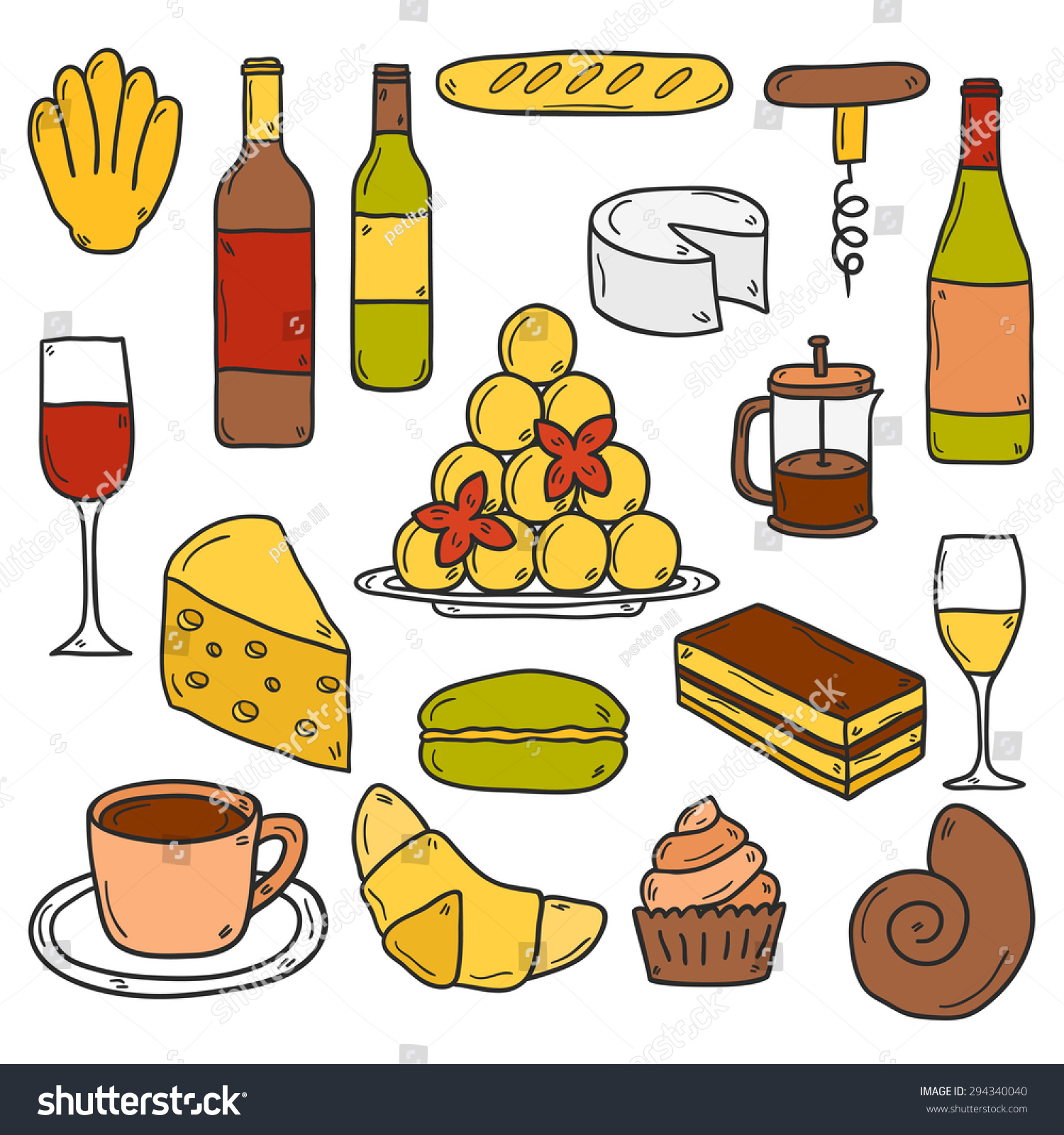 Set Of Cartoon Cute Hand Drawn Icons On French Cuisine Theme: Cheese ...