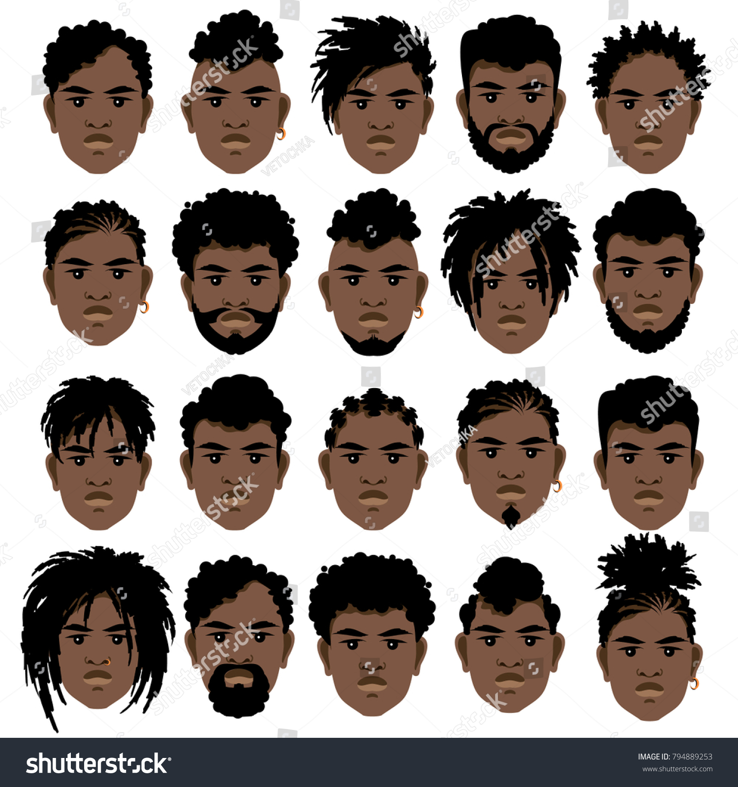 SVG of Set of cartoon faces of black men with different hairstyles, beard and mustache. Vector illustration. svg