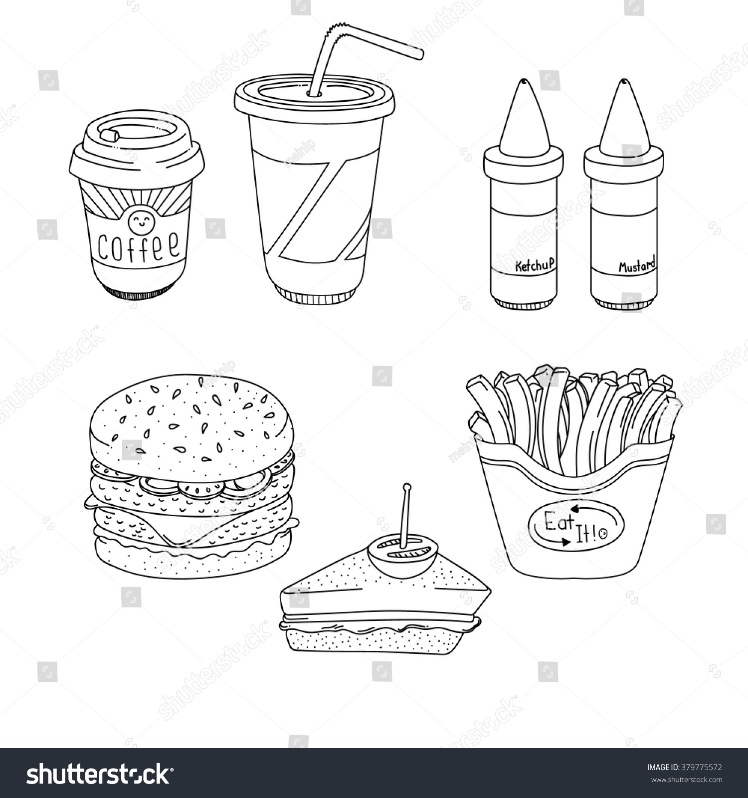 Set Cartoon Fastfood Meal Lineart Stock Vector (Royalty Free) 379775572