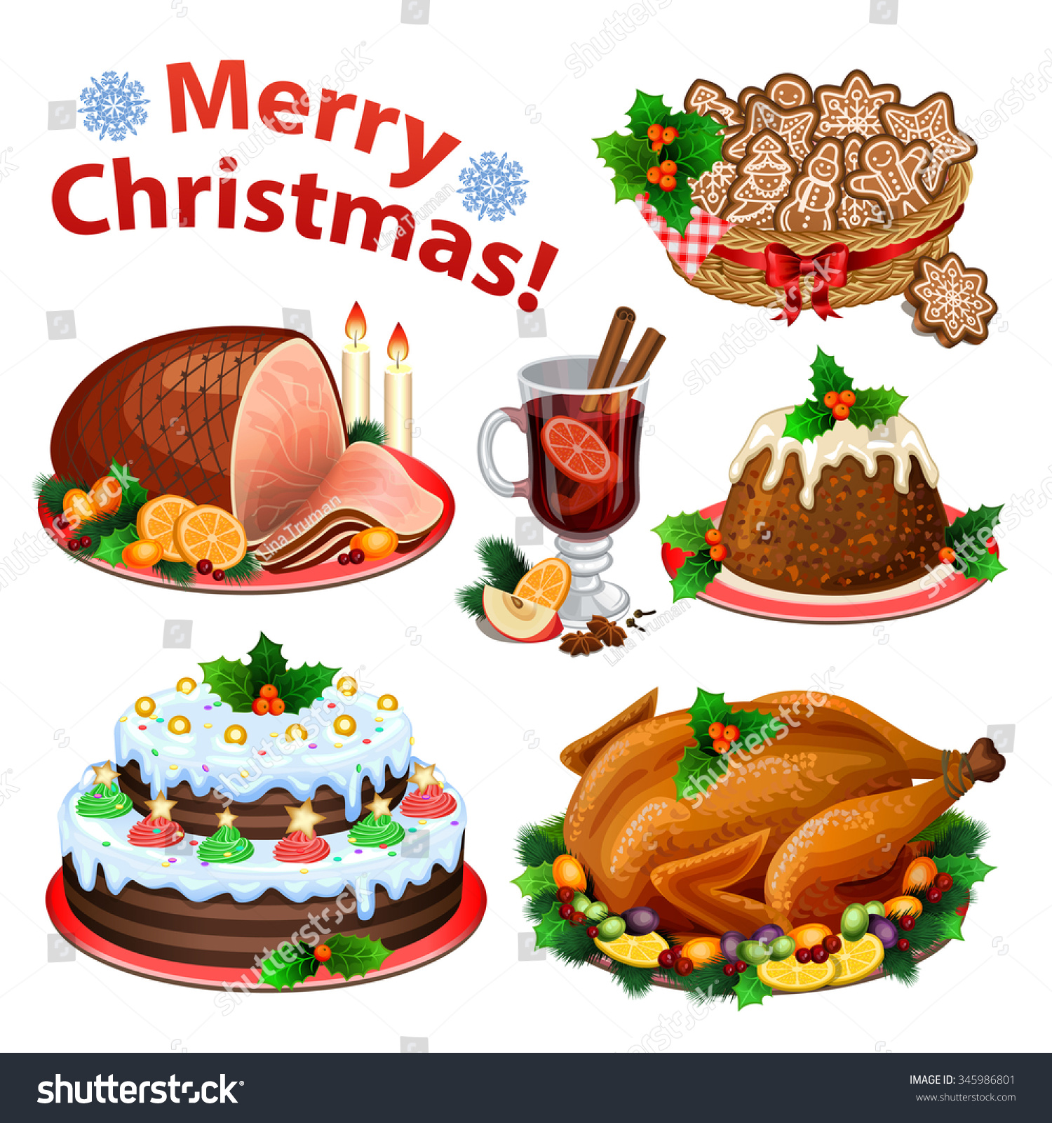 Set Cartoon Icons Christmas Dinner Traditional Stock Vector (Royalty ...