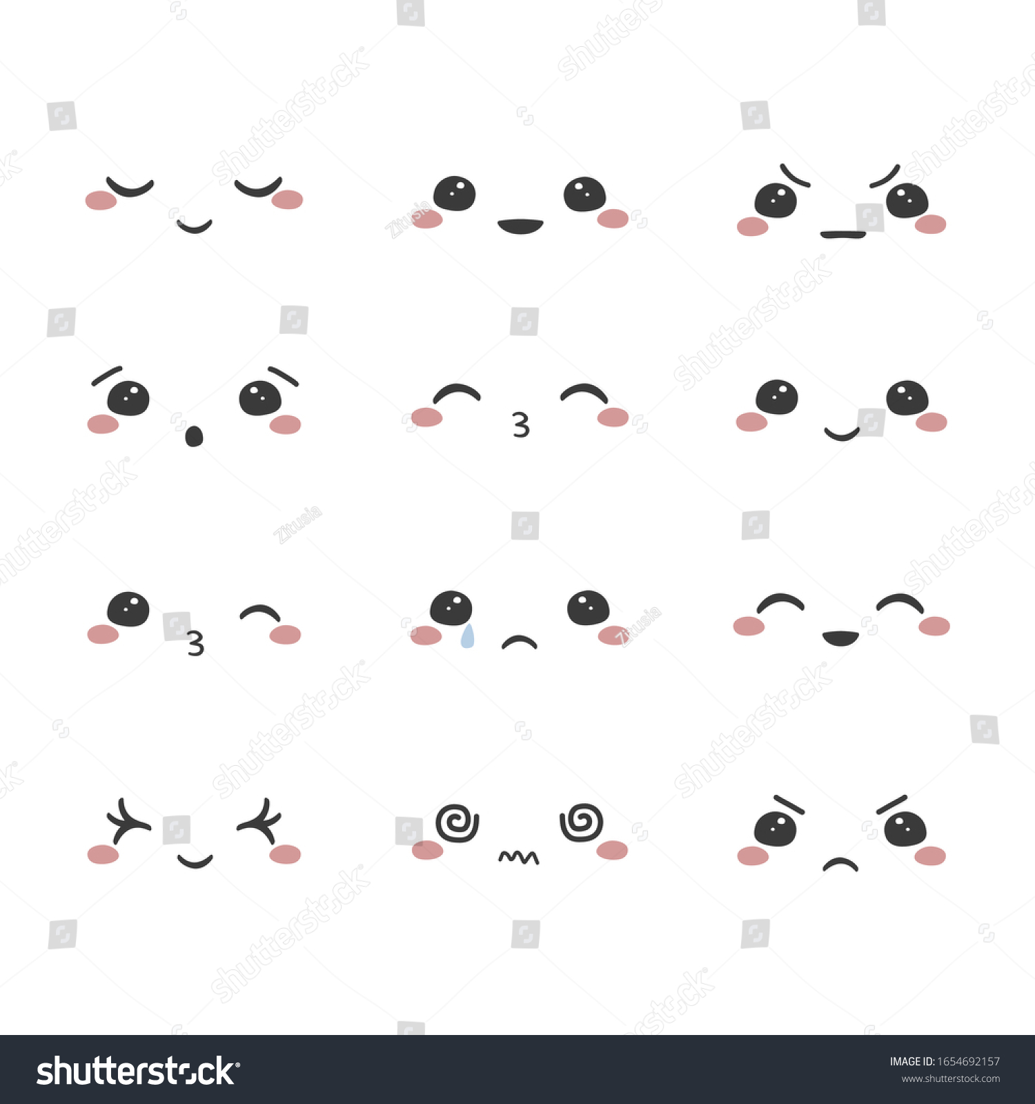 Set Cartoon Kawaii Faces Different Emotions Stock Vector Royalty Free 1654692157 5312