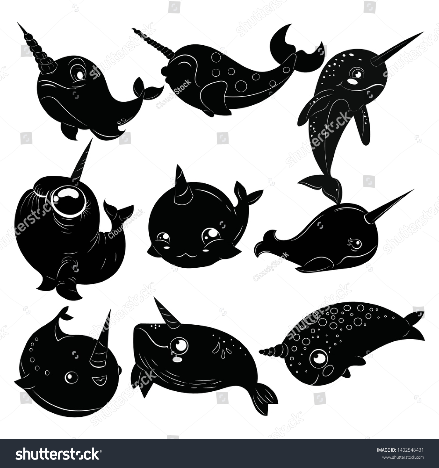 Set Cartoon Narwhals Collection Black White Stock Vector Royalty Free Shutterstock