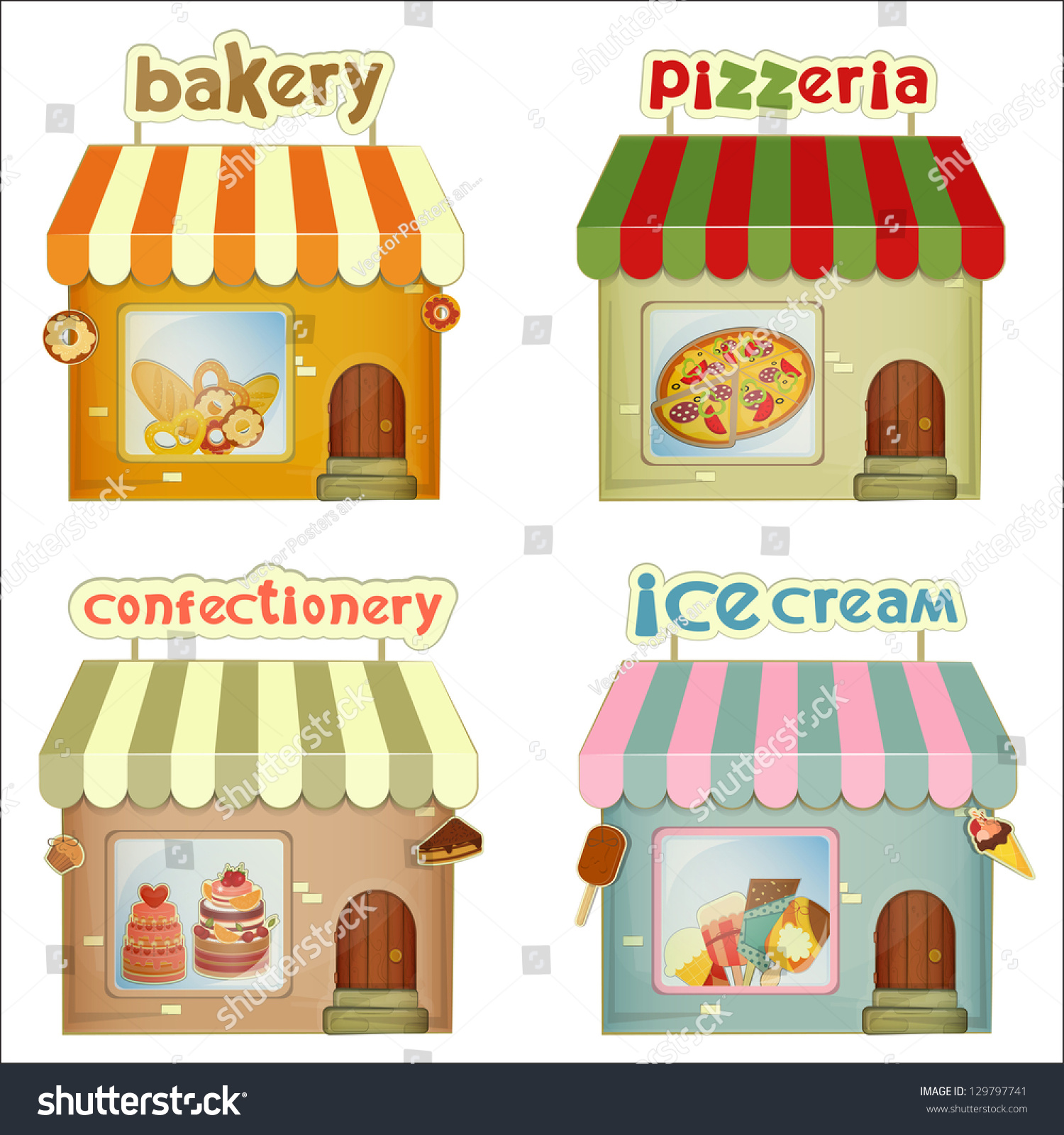 Set Cartoon Shops Bakery Pizzeria Confectionery Stock 