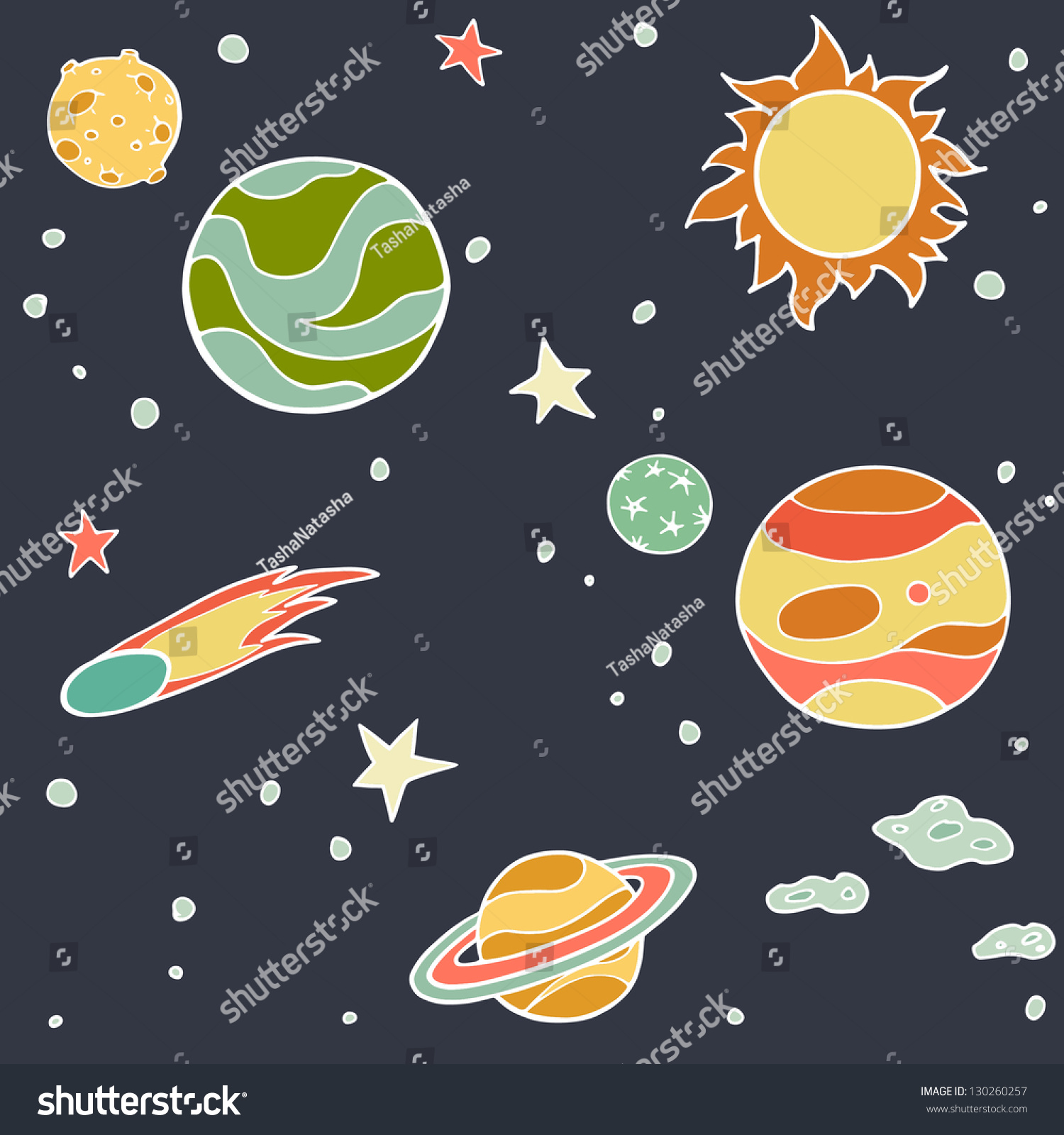 Set Of Cartoon Space Elements: Comet, Planets And Stars. Childish ...