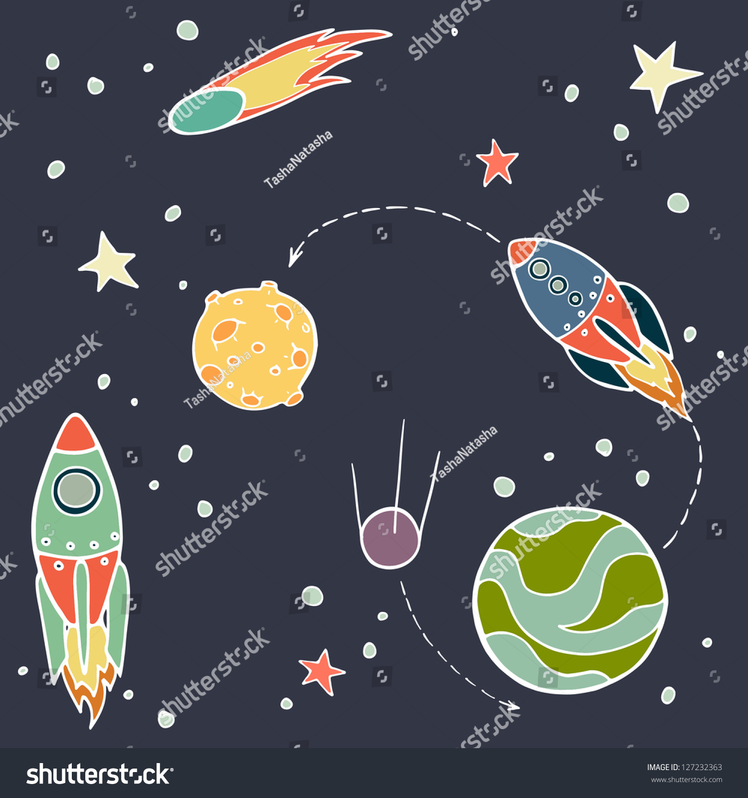 Set Cartoon Space Elements Rockets Planets Stock Vector 127232363 ...