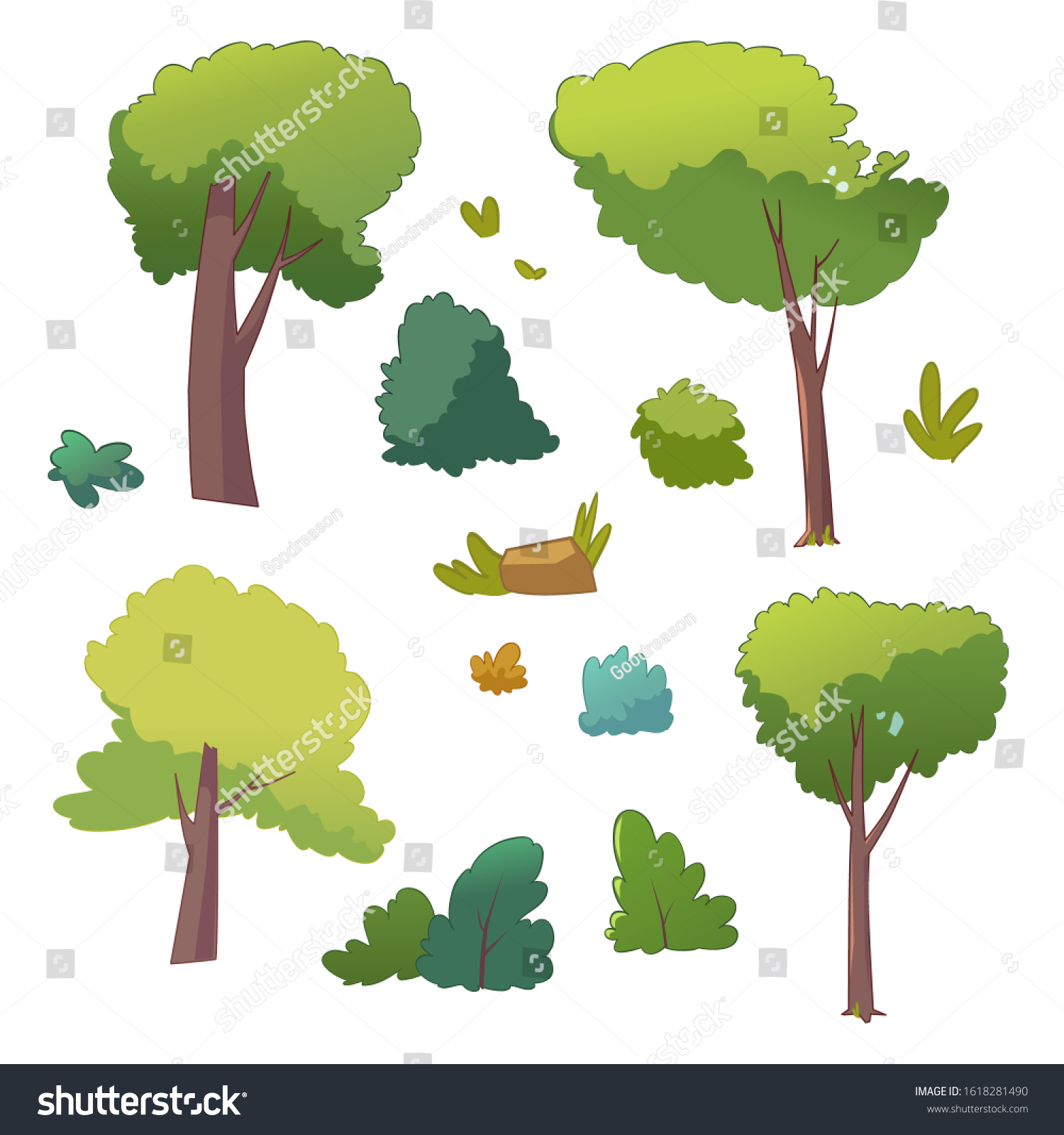 Set Cartoon Trees Bushes Stock Vector (Royalty Free) 1618281490