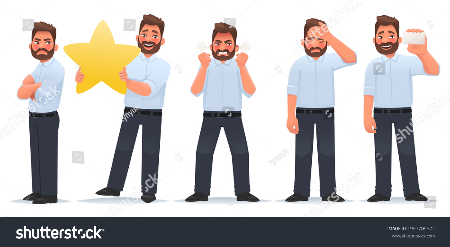 SVG of Set of character man. A businessman with a feeling of envy, with a star and evaluates the work, an angry guy, tired, shows a business card. Vector illustration in cartoon style svg