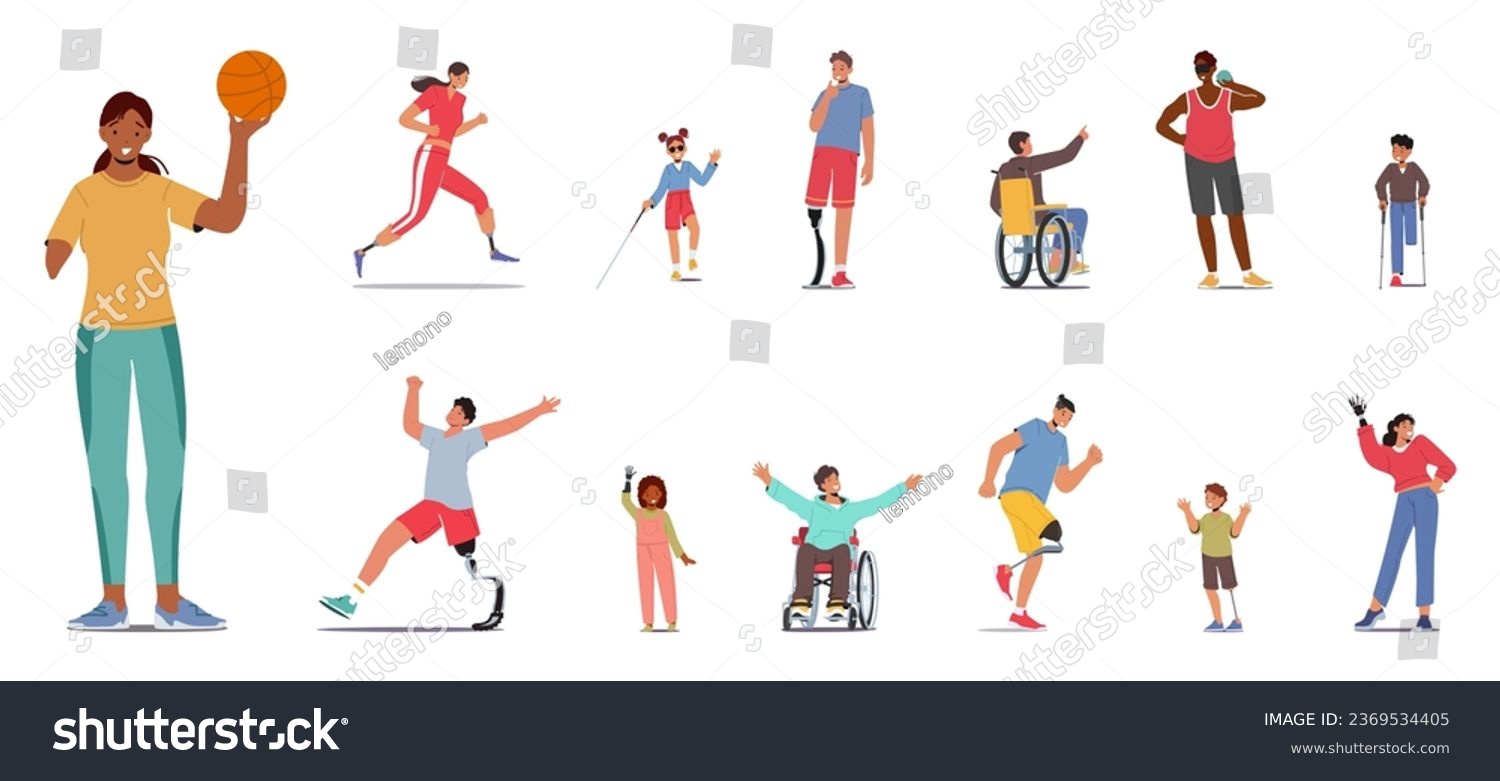 SVG of Set of Characters with Disabilities Possess Strengths And Abilities, Facing Challenges With Resilience. Amputee People with Prostheses or Wheelchairs Embracing Inclusion. Cartoon Vector Illustration svg