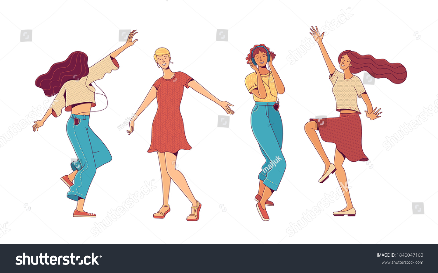 SVG of Set of cheerful active blonde and brunette women characters dancing and enjoying music on white background as power of positive thinking and hedonism svg