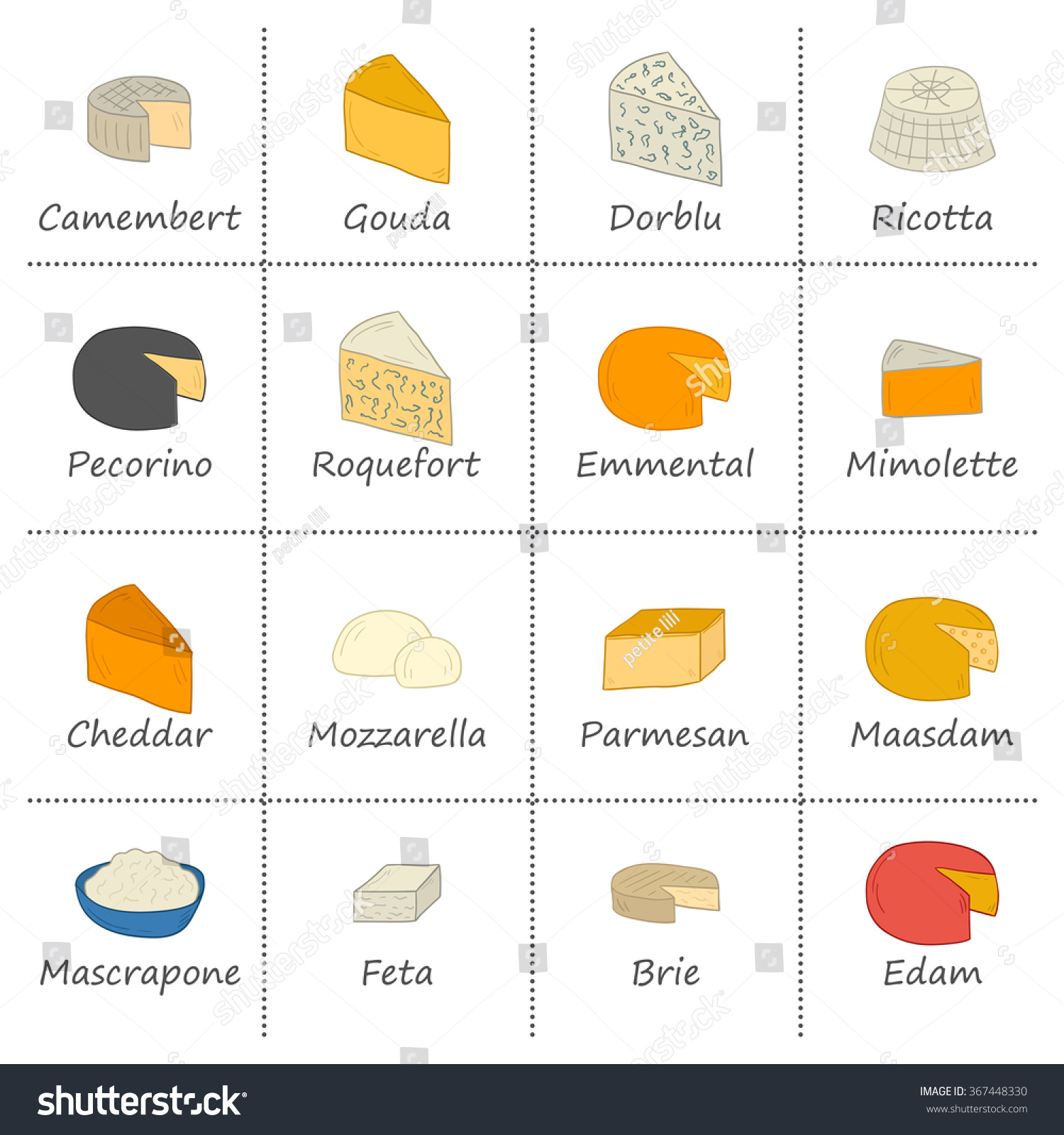 Set Of Cheese Type Icons In Cartoon Hand Drawn Style Stock Vector ...