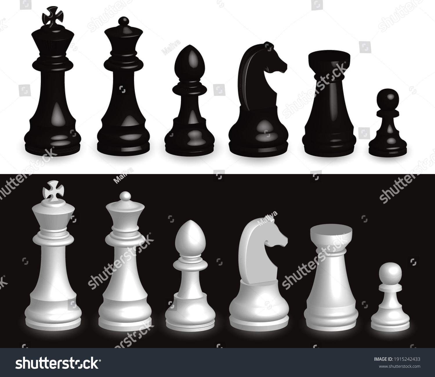 SVG of Set of chess pieces 3d. Realistic set of all chess pieces in 3d black and white. svg