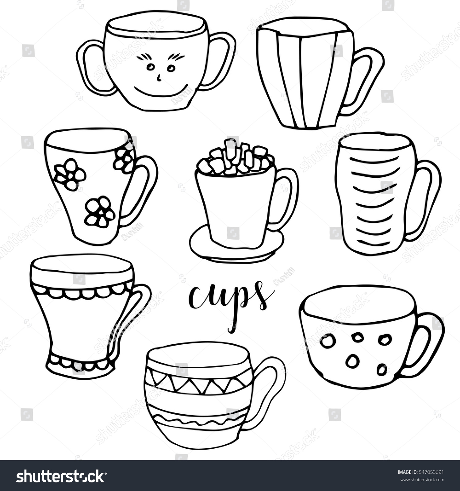 Set Of Children Drawing A Cups The Template For Painting Hand Drawn Dishes