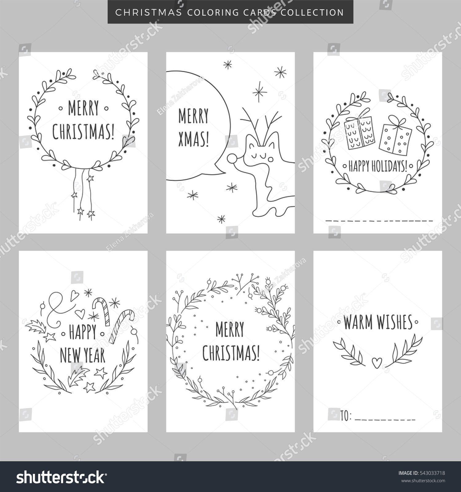 Set of Christmas and New Year greeting cards Hand drawn vector coloring pages illustration for