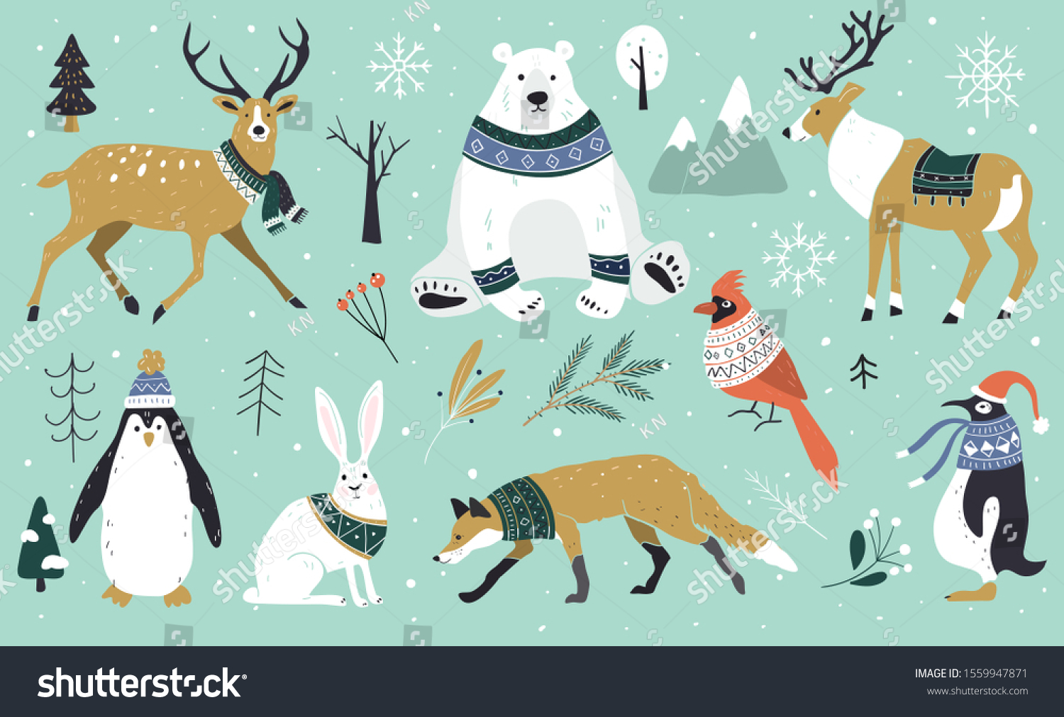 森、クマ、キツネ、ウサギ、トナカイ、ペンギンのクリスマス動物の 