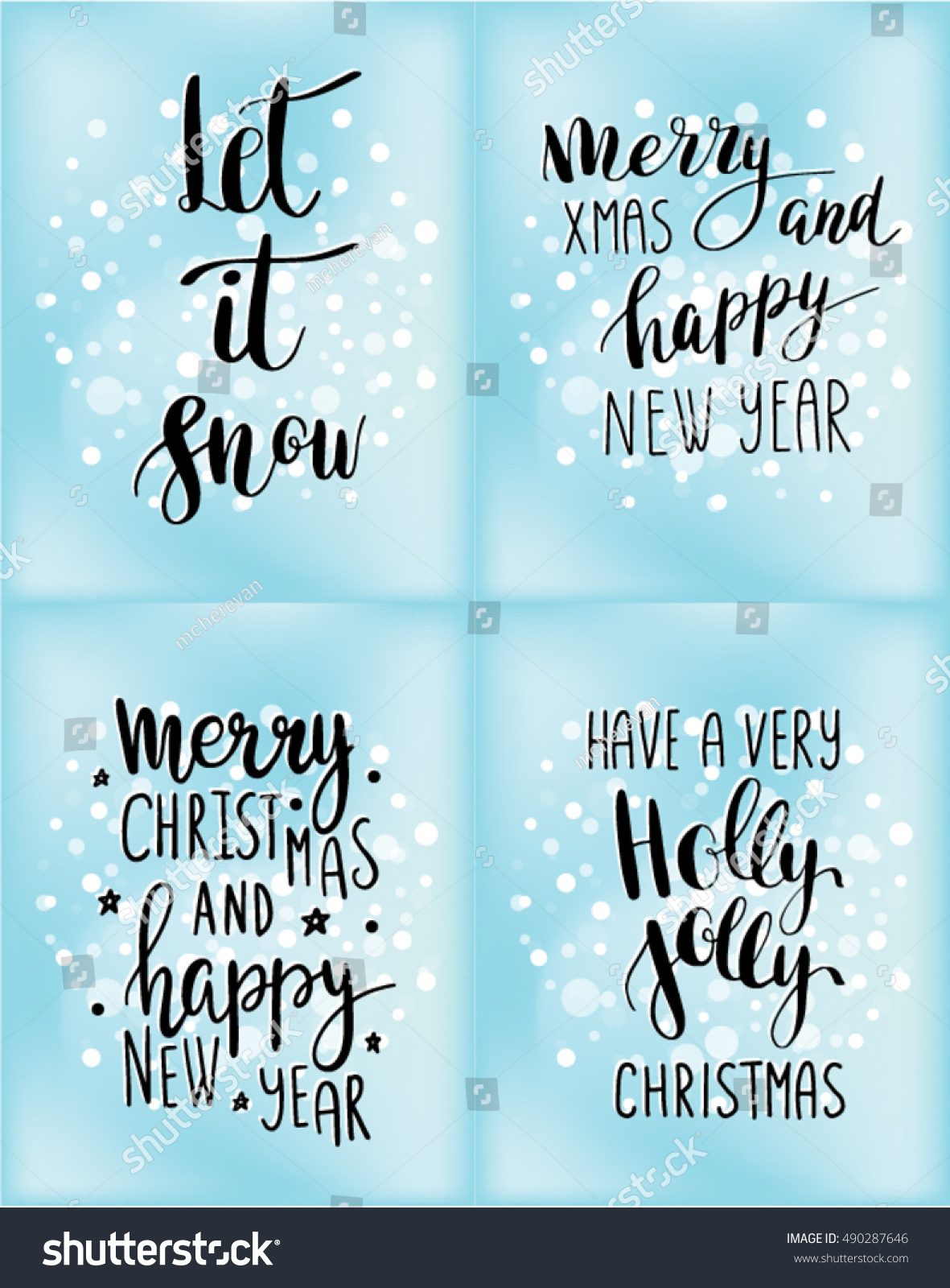 Set of Christmas cards with winter holidays quotes and phrases Let it snow Merry