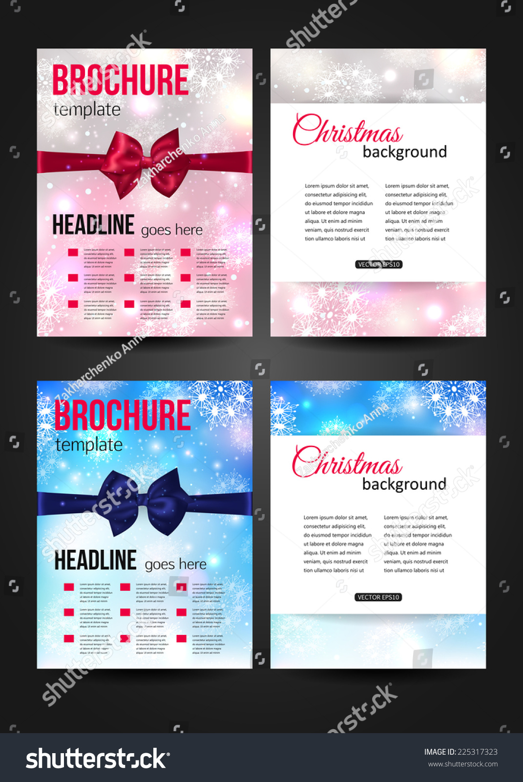 Set of Christmas corporate business stationery templates Abstract brochure design with photorealistic bows and blurred