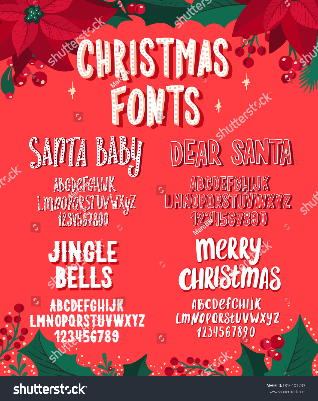 SVG of Set of Christmas fonts. Holiday typography alphabet with season wishes and festive illustrations. Handwritten script for holiday new year celebration. Design vector with hand-drawn lettering. svg