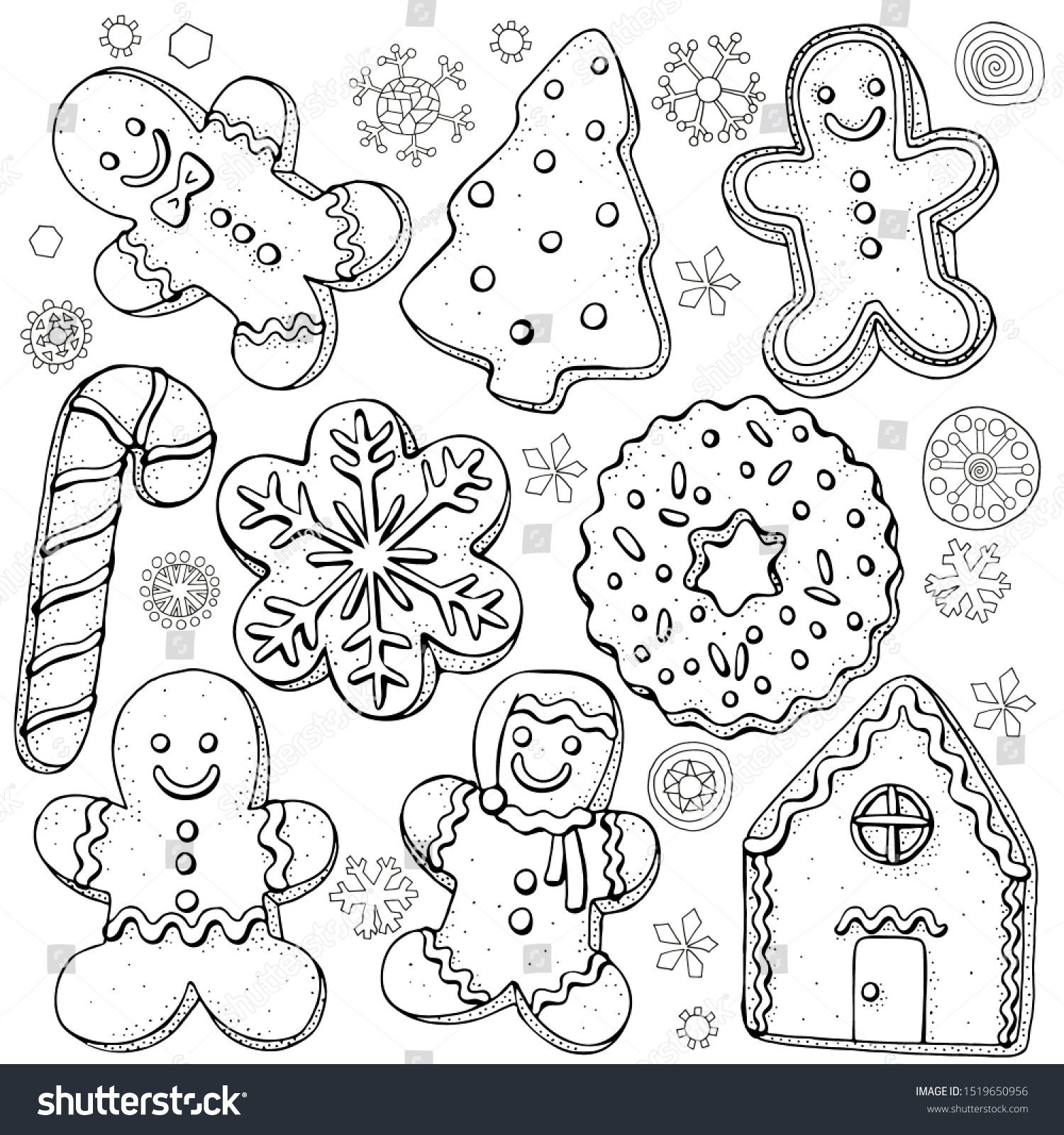 Set Christmas Gingerbread Cookies Smowflakes Coloring Stock Vector ...