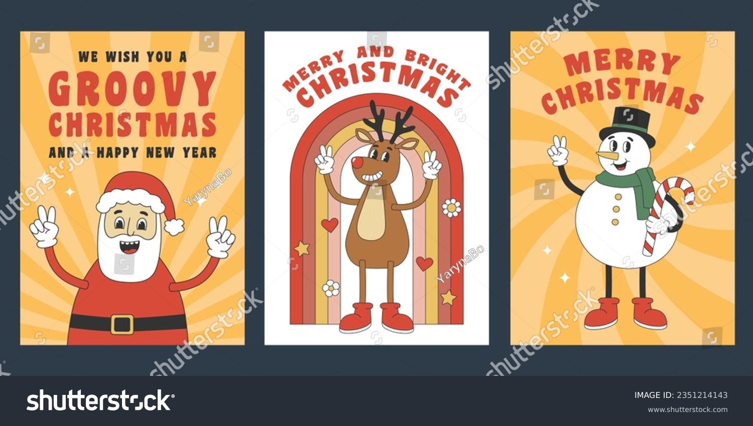 SVG of Set of Christmas greeting cards with cute characters in groovy retro style. Template for Merry Christmas and Happy New year greeting card, poster, party invitation. Vector illustration svg