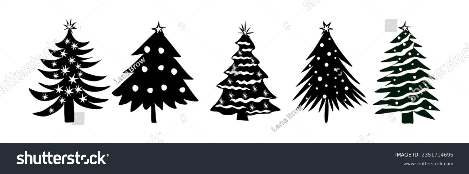 SVG of Set of Christmas tree silhouettes. Traditional holiday firs with ornaments and lights, Xmas spruce with festive decoration. Comic style black vector illustrations isolated on white background svg