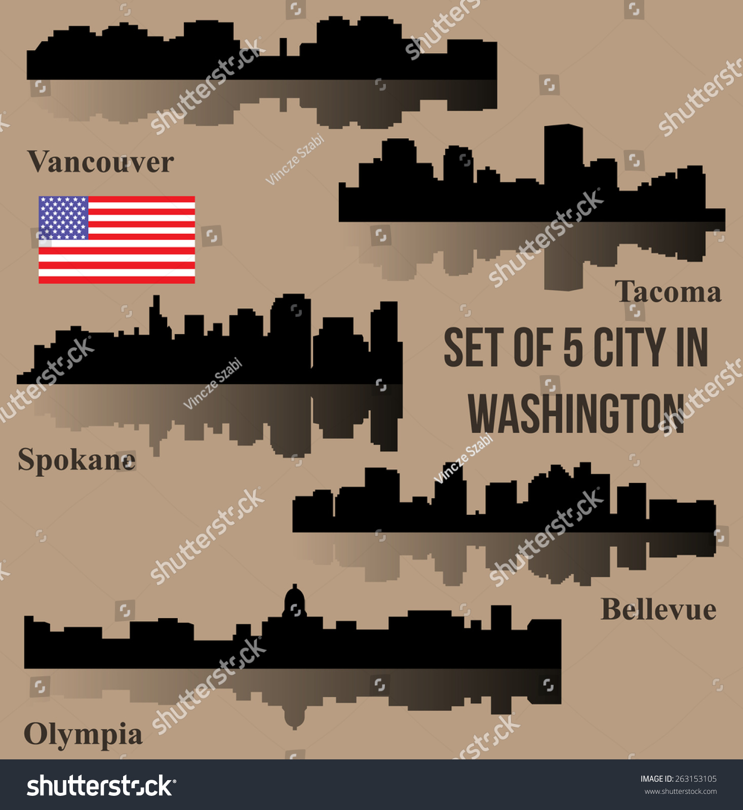 SVG of Set of 5 City in Washington (Olympia, Bellevue, Spokane, Tacoma, Vancouver) svg