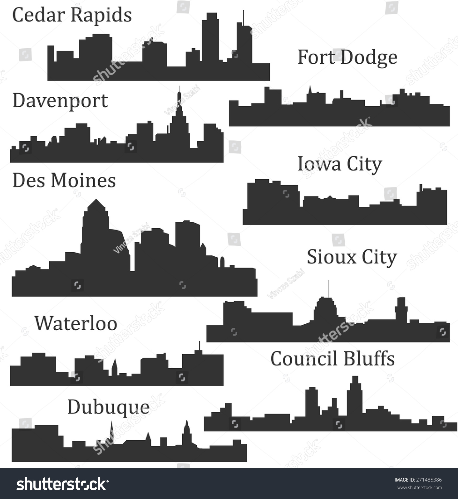 Set Of 9 City Silhouette In Iowa (Des Moines, Dubuque, Davenport, Cedar ...