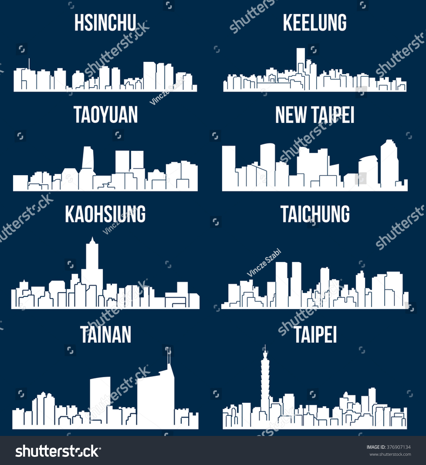 Set 8 City Silhouette Taiwan Tainan Stock Vector Royalty Free 376907134