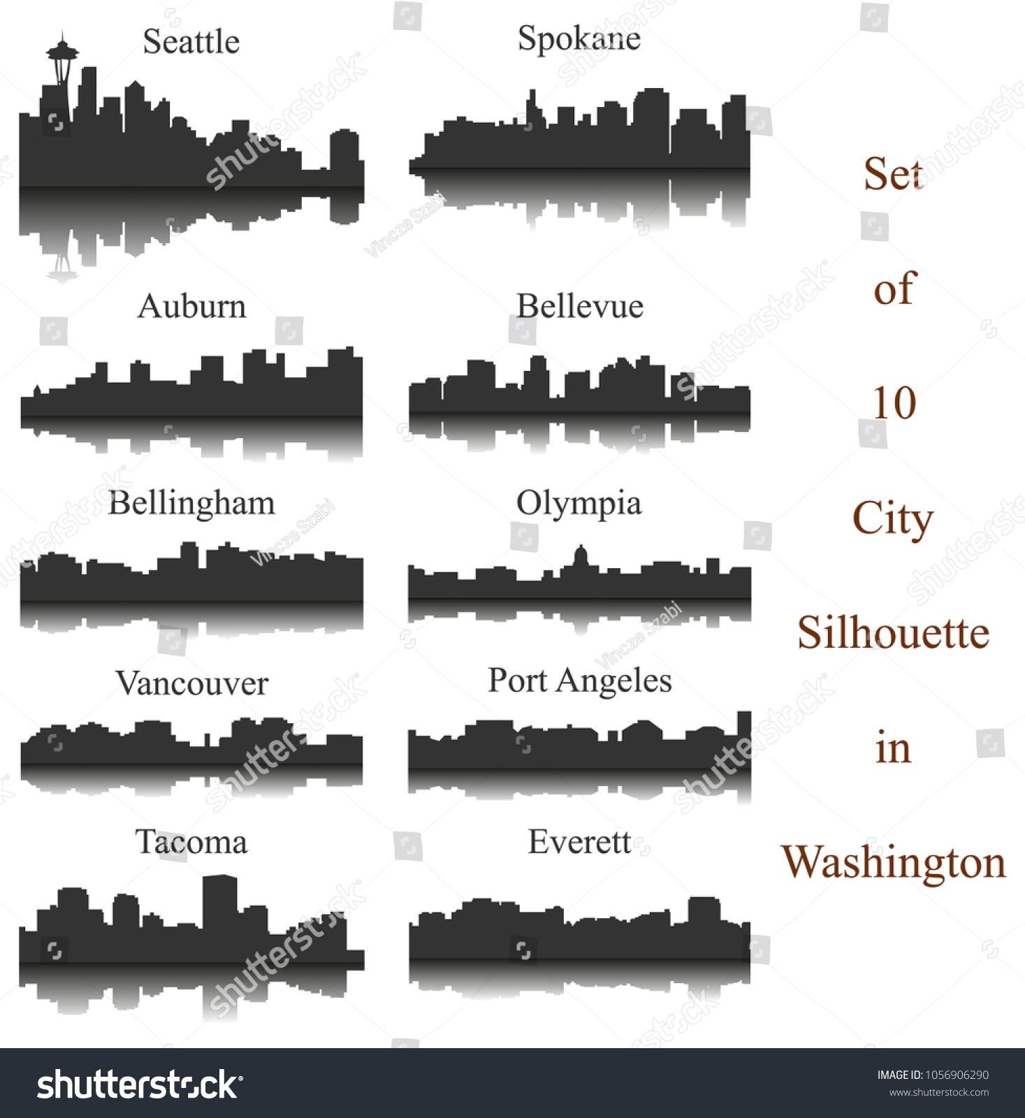 SVG of Set of 10 City Silhouette in Washington ( Seattle, Olympia, Auburn, Vancouver, Takoma, Spokane, Port Angeles, Bellingham, Bellevue, Everett ) svg