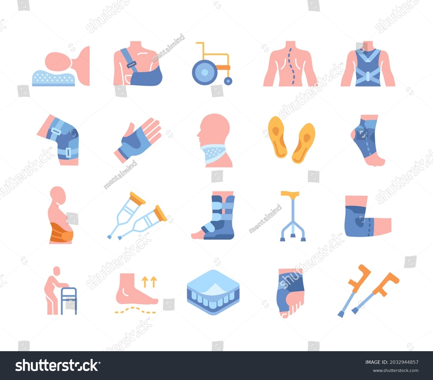 SVG of Set of colored icons with immobilization techniques. Stickers with splints, supporting tools, bandages. Design elements for applications. Cartoon flat vector collection isolated on white background svg