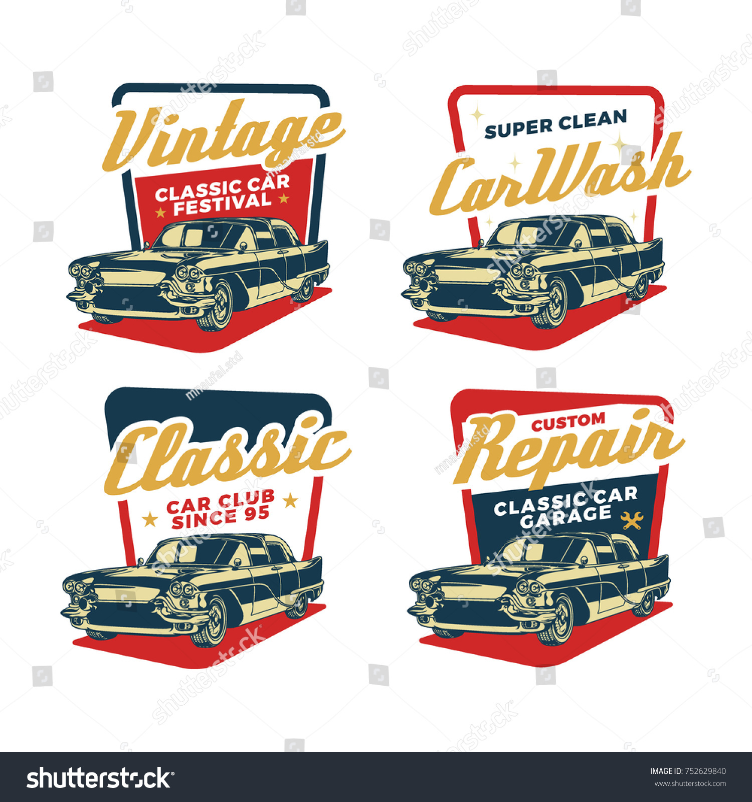 SVG of Set of Colored Old Retro Style Vintage Classic Car Vector Logo, Badge, Emblem, Icon, Sticker. Car Wash, Workshop Repair, Service, Community, Club, Car Show, Exhibition, Festival Element svg