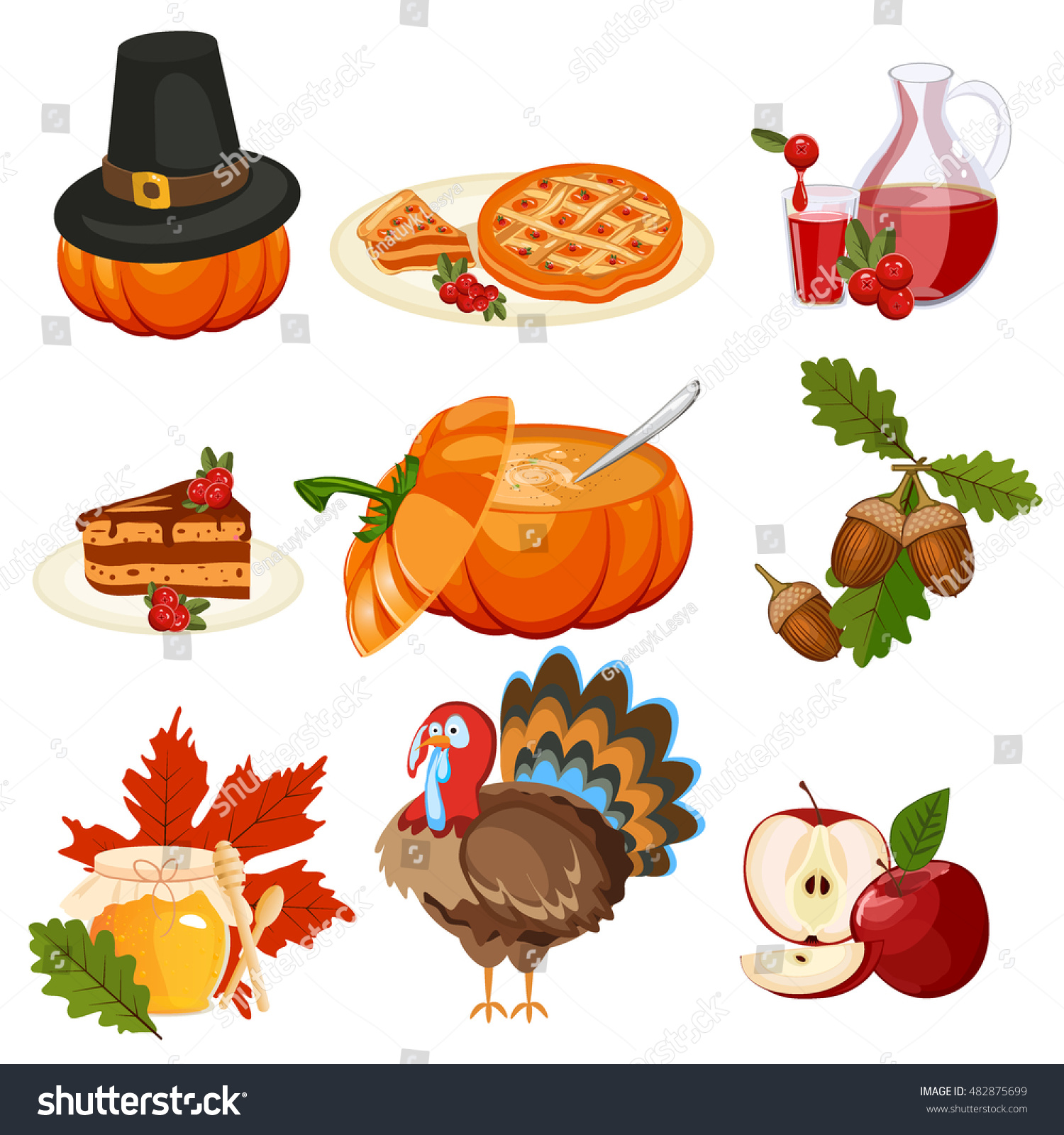 Set Colorful Cartoon Icons Thanksgiving Day Stock Vector Royalty Free