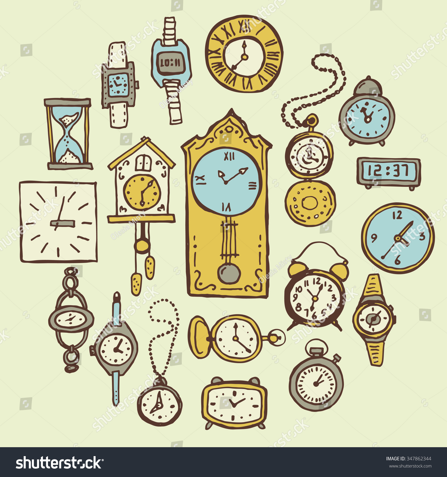 Set Of Colorful Hand Drawn Clock Doodles Stock Vector Illustration ...