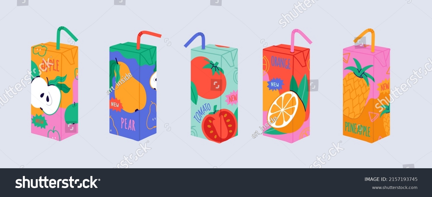 SVG of Set of colorful juice box with various fruit flavours. Apple, orange, tomato, pineapple, pear fresh. Lunch drink for kids. Summer lemonade illustration in cartoon style. Paper package isolated vector svg