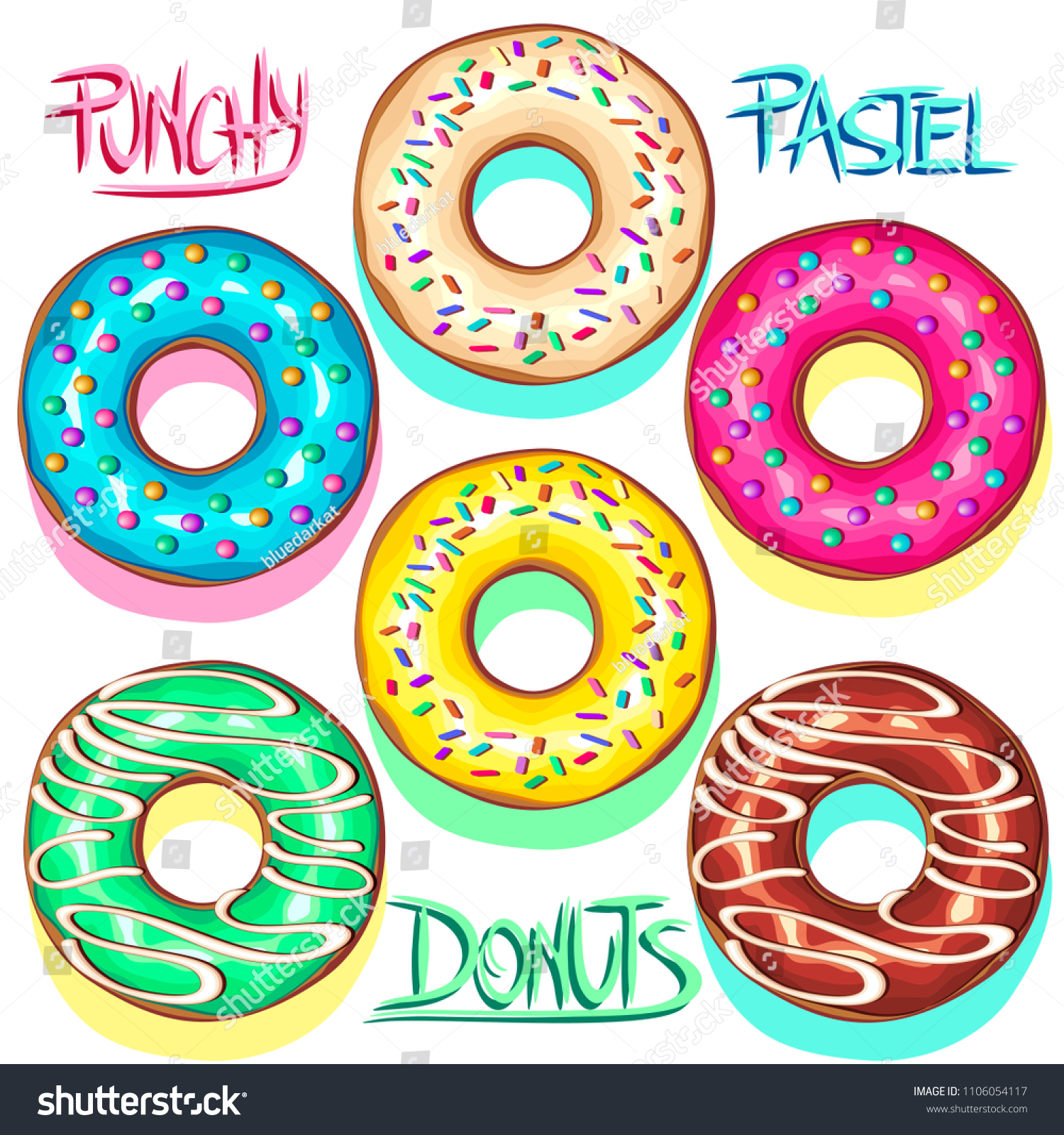Set of Colorful Punchy Pastel Donuts, showcasing Color trends like Baby Blue, Yellow Mellow, Pink. Delicious and Creamy, and also with Chocolate