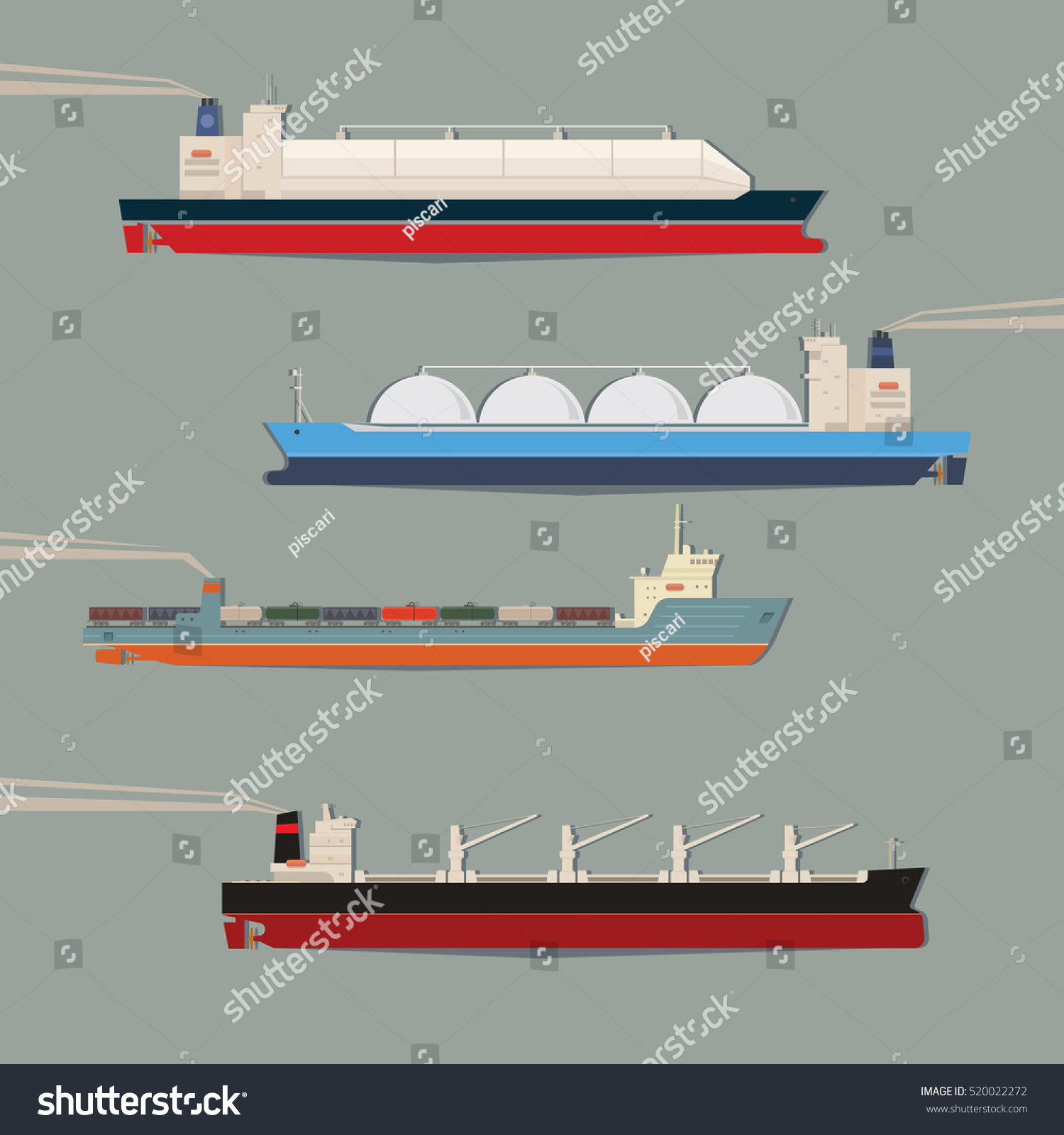 SVG of Set of commercial cargo vessels and tankers. LNG ship, bulk carrier, train ferry. Freight industrial cargo ships side view isolated. Vector illustration svg