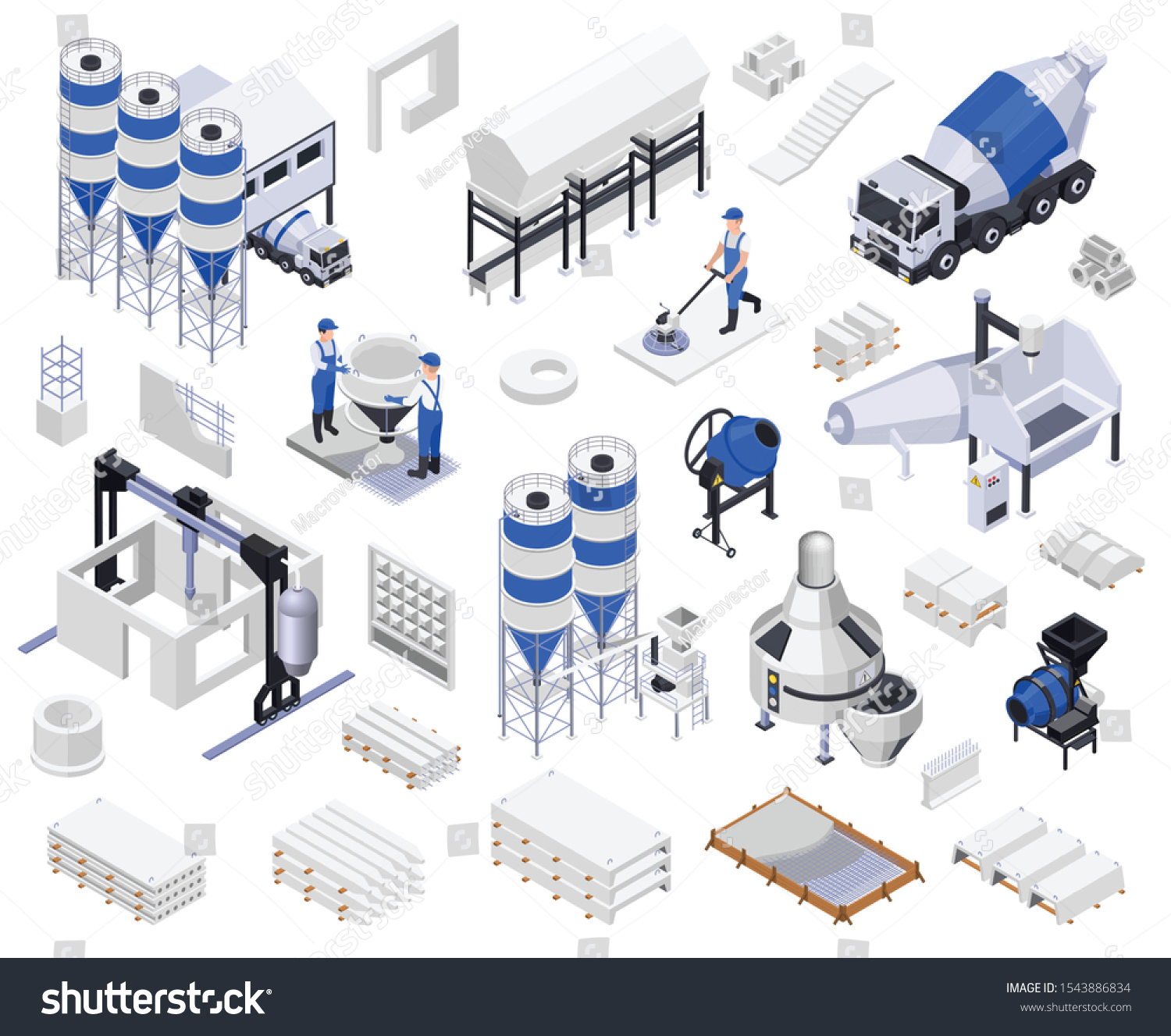 SVG of Set of concrete cement production isometric icons with vehicles people and industrial machines on blank background vector illustration svg