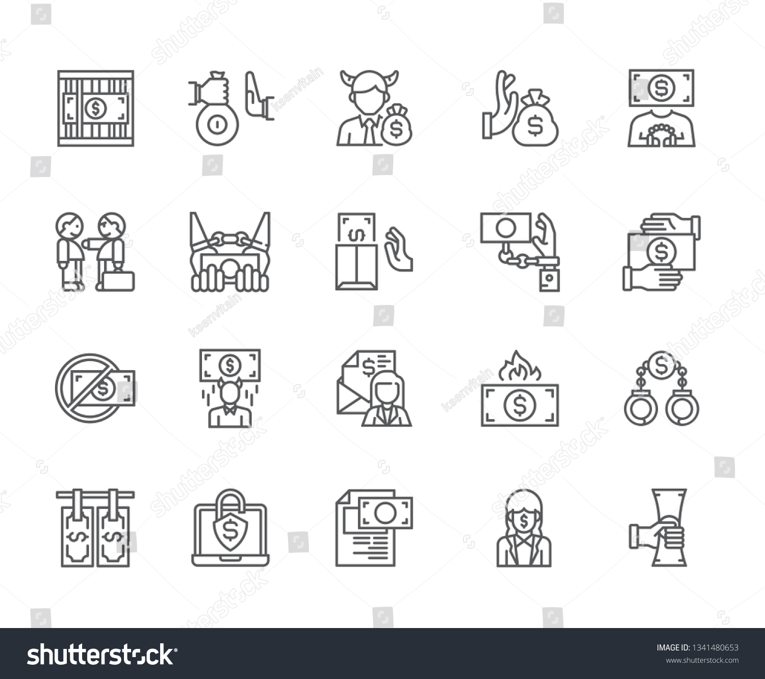 SVG of Set of corruption Related Vector Line Icons. Includes such Icons as bribe, lawyer, law, prison, prison term, money, transfer, evil, crime, offense, stroke, isolated svg