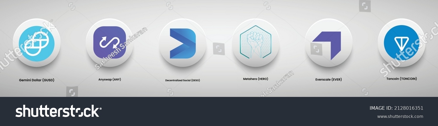SVG of Set of crypto currency logo designs vector illustration template. Gemini Dollar (GUSD), Anyswap (ANY), Decentralized Social (DESO), Metahero (HERO), Everscale (EVER) and Toncoin   crypto logos. svg