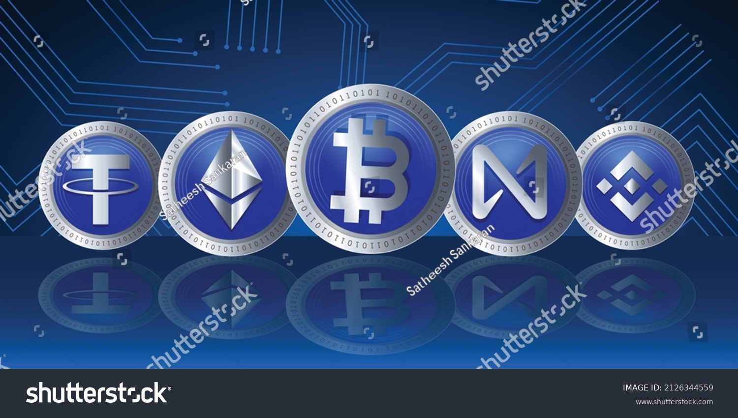 SVG of Set of cryptocurrency logo symbol vector technology banner. Crypto icons of Bitcoin BTC, Near Protocol, Binance Coin, Ethereum ETH and Tether USDT symbols. svg