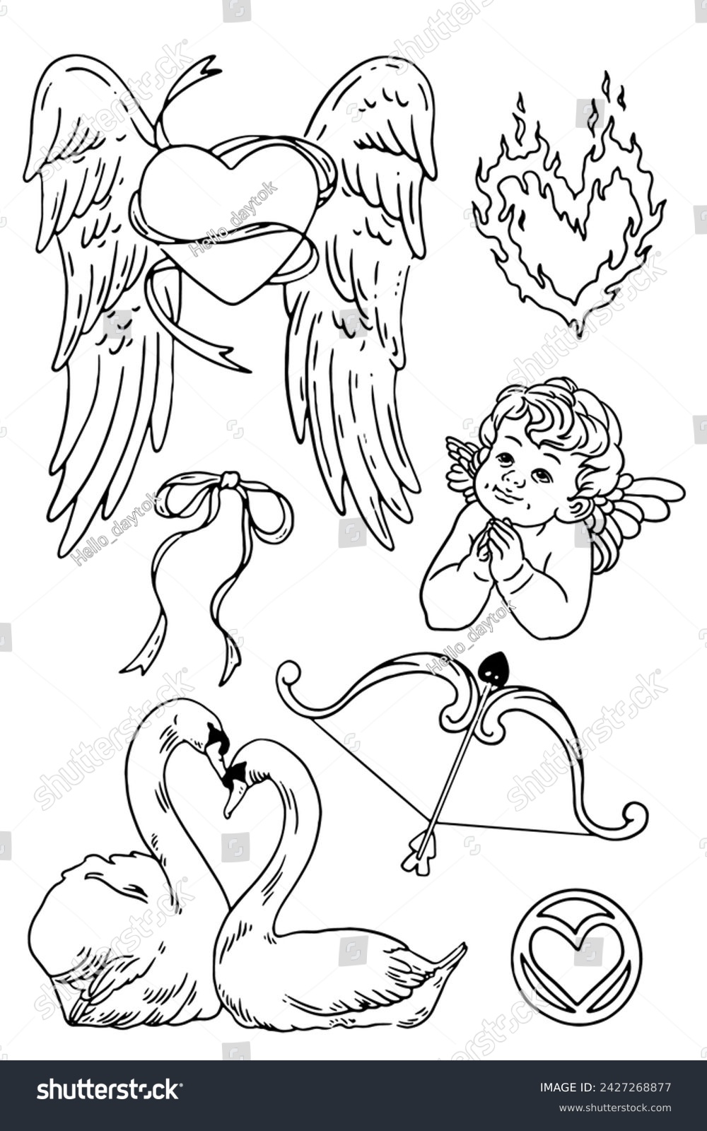 SVG of Set of cupid, angel, love, hearts and flowers, vector illustration svg