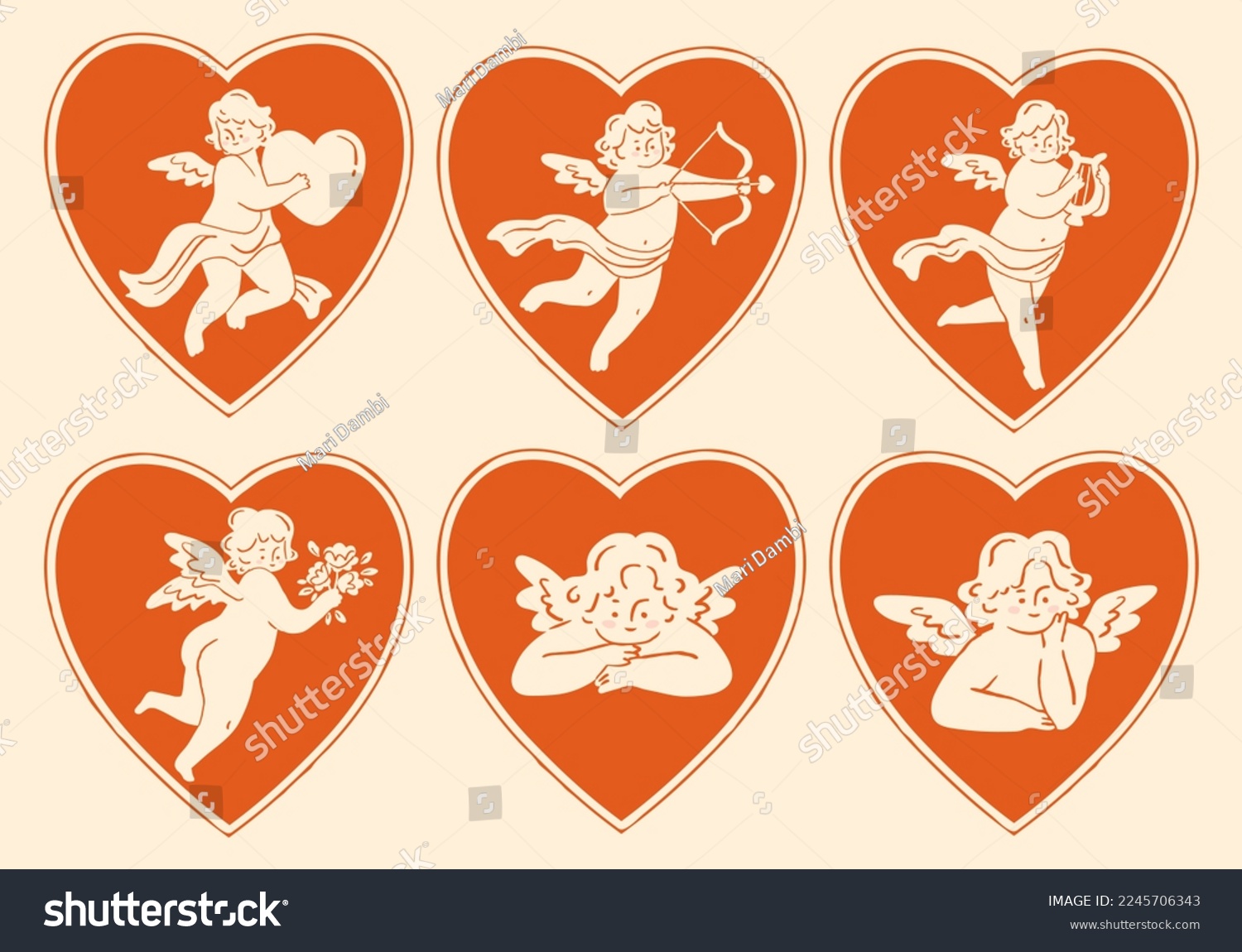 SVG of Set of cupids in hearts in vntage style. Cute angels celebrating Valentine's Day. Monochrome cherubs with a bow and arrow, flowers and harp. Retro romantic holiday concept. svg