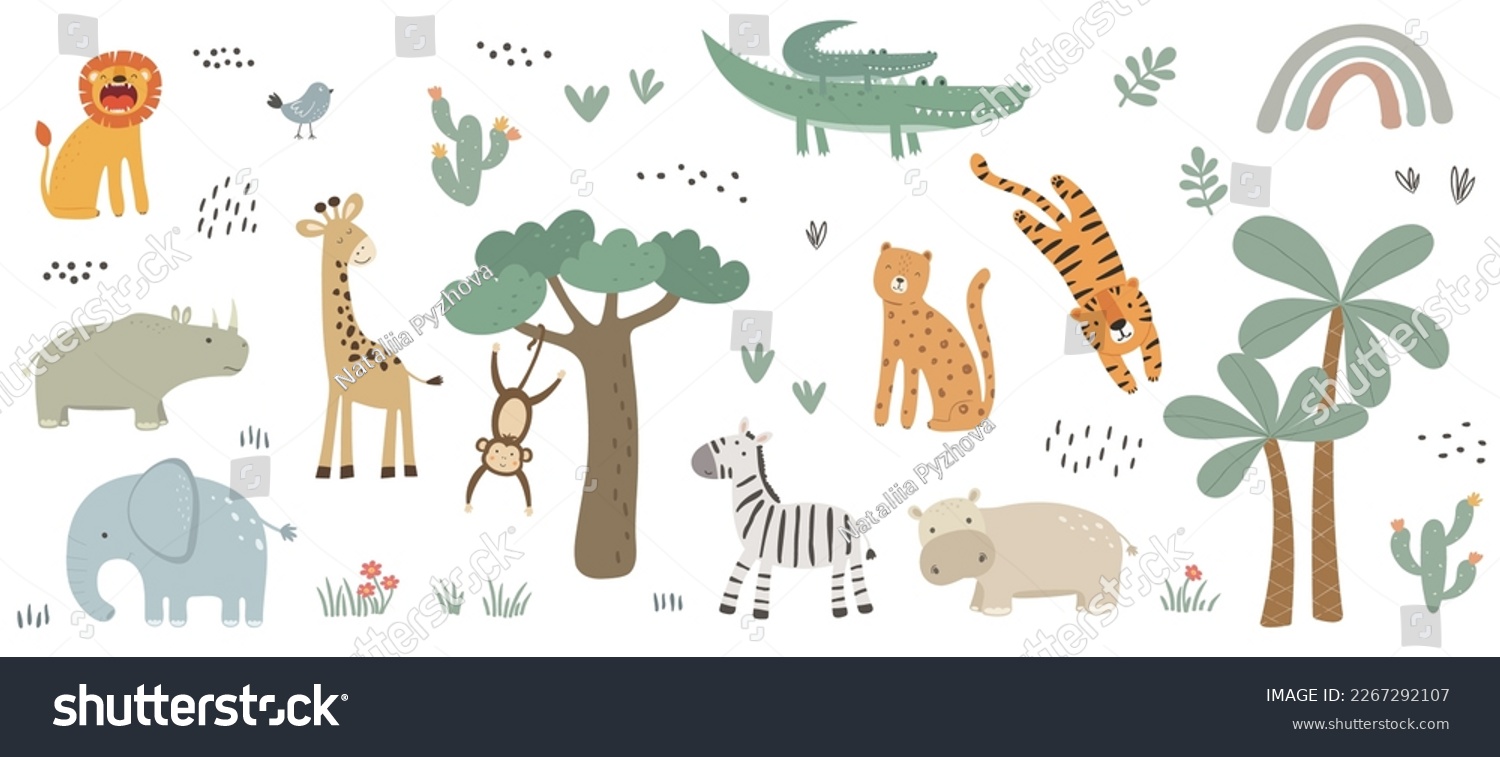 SVG of Set of cute african animals. Elephant, tiger, leon, rhinoceros, rhinoceros, giraffe, hippo, zebra, monkey, crocodile and bird. Vector illustration in flat style. svg