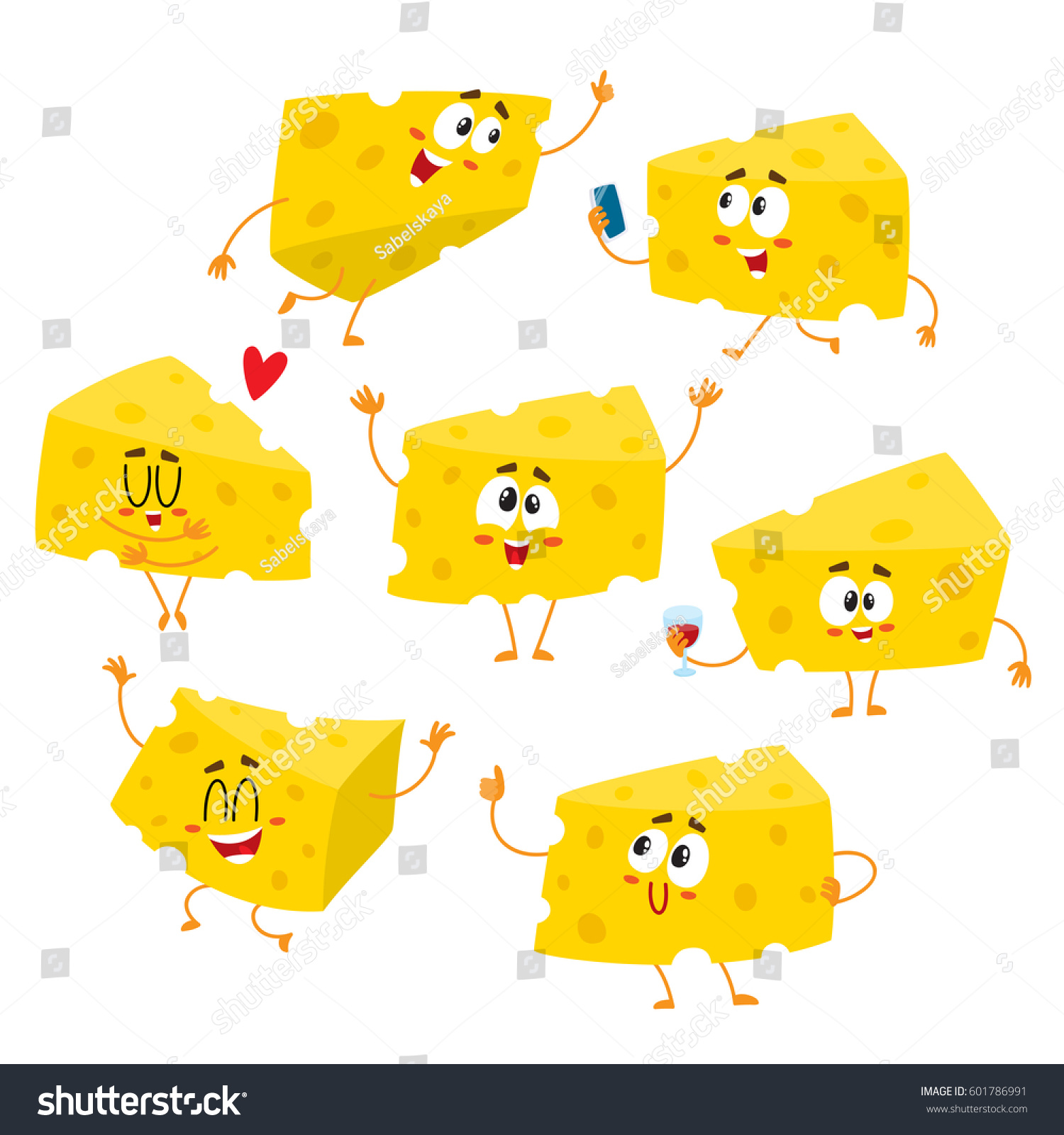 SVG of Set of cute and funny cheese chunk character showing different emotions, cartoon vector illustration isolated on white background.  svg