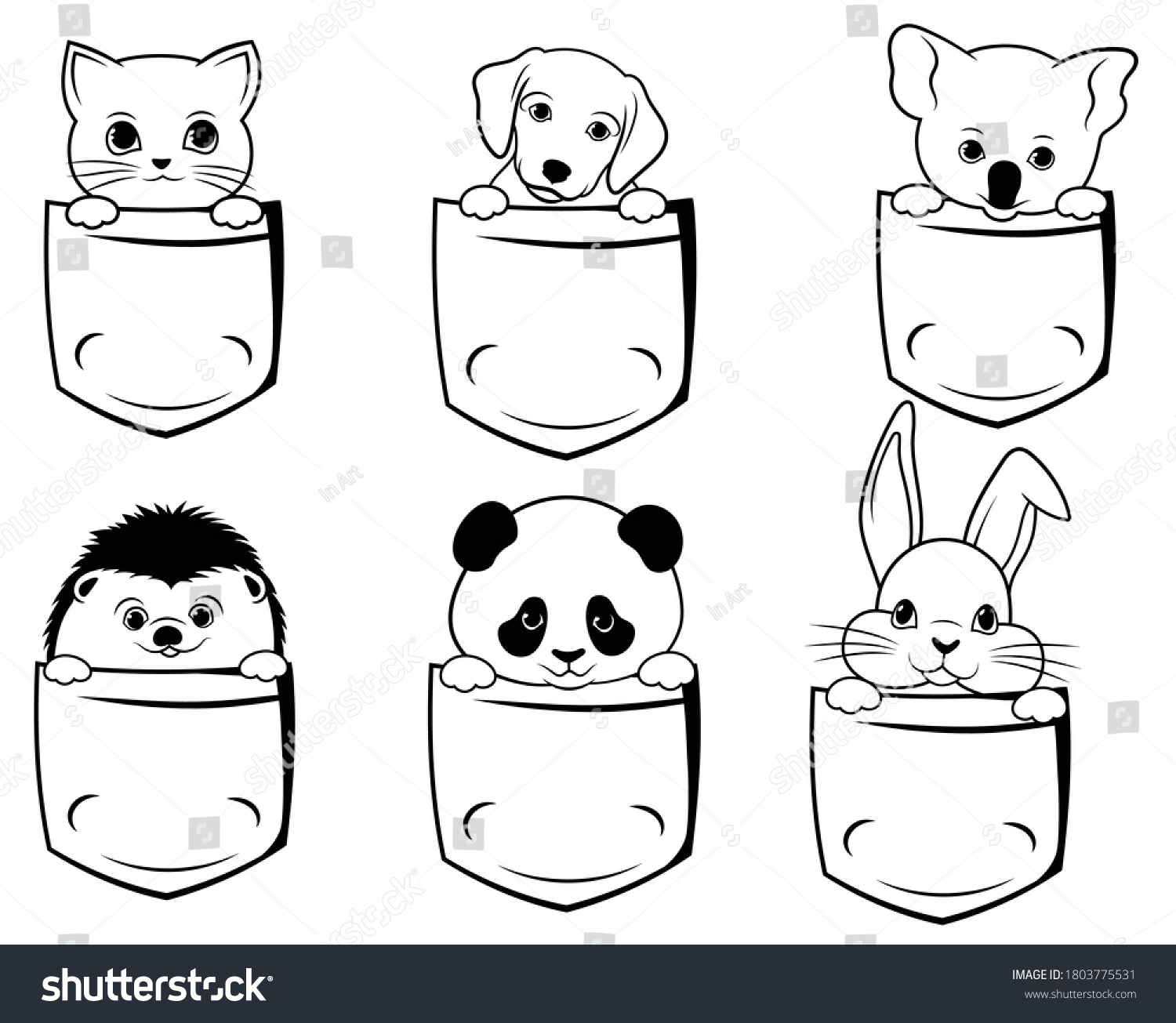 SVG of Set of cute animals in a pocket. Collection of pets sitting inside pocket. Pretty cartoon character. T-shirt design. Hand drawn. Vector illustration for a store. svg