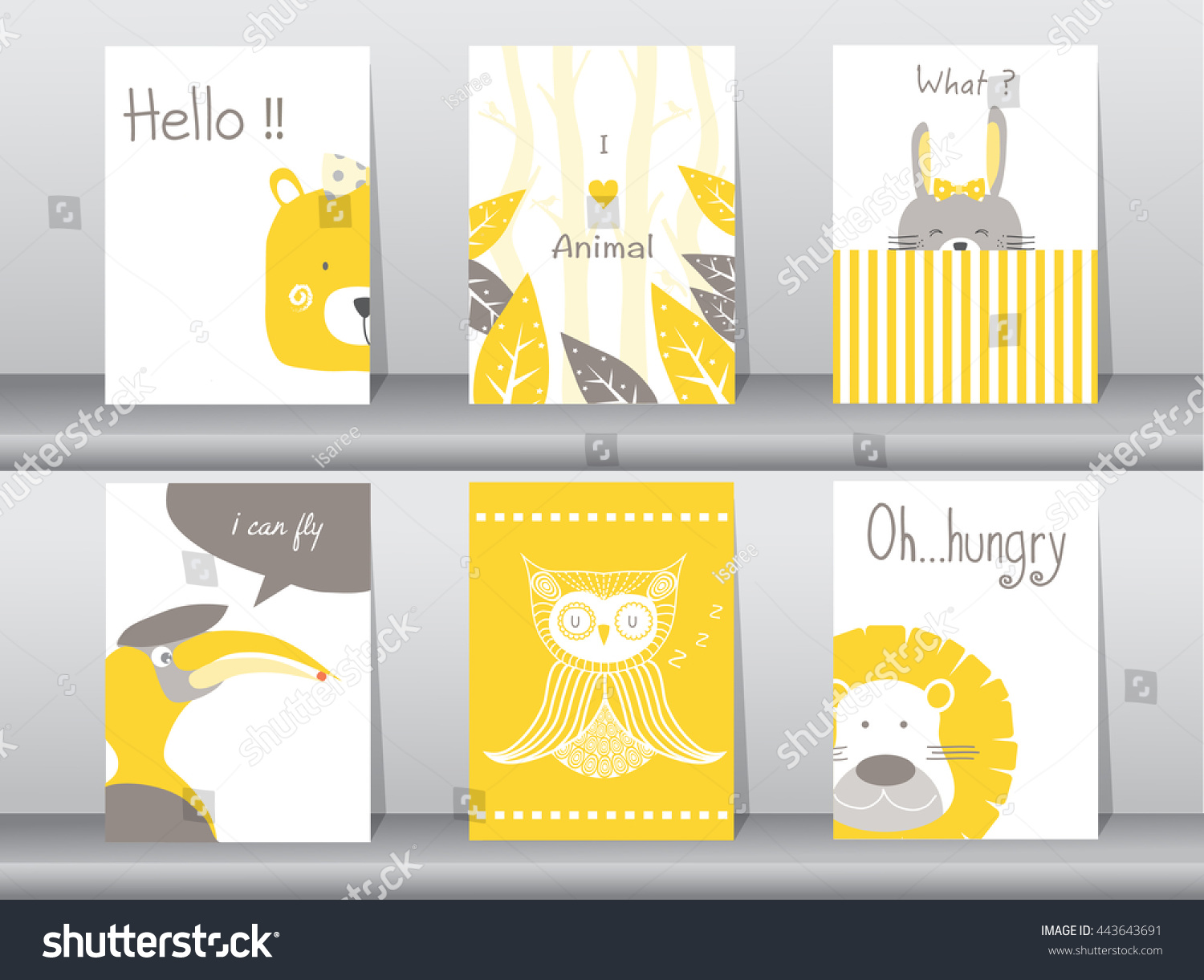 Vektor Stok Set Lucu Hewan Poster, Template, Kartu, (Tanpa Royalti ...