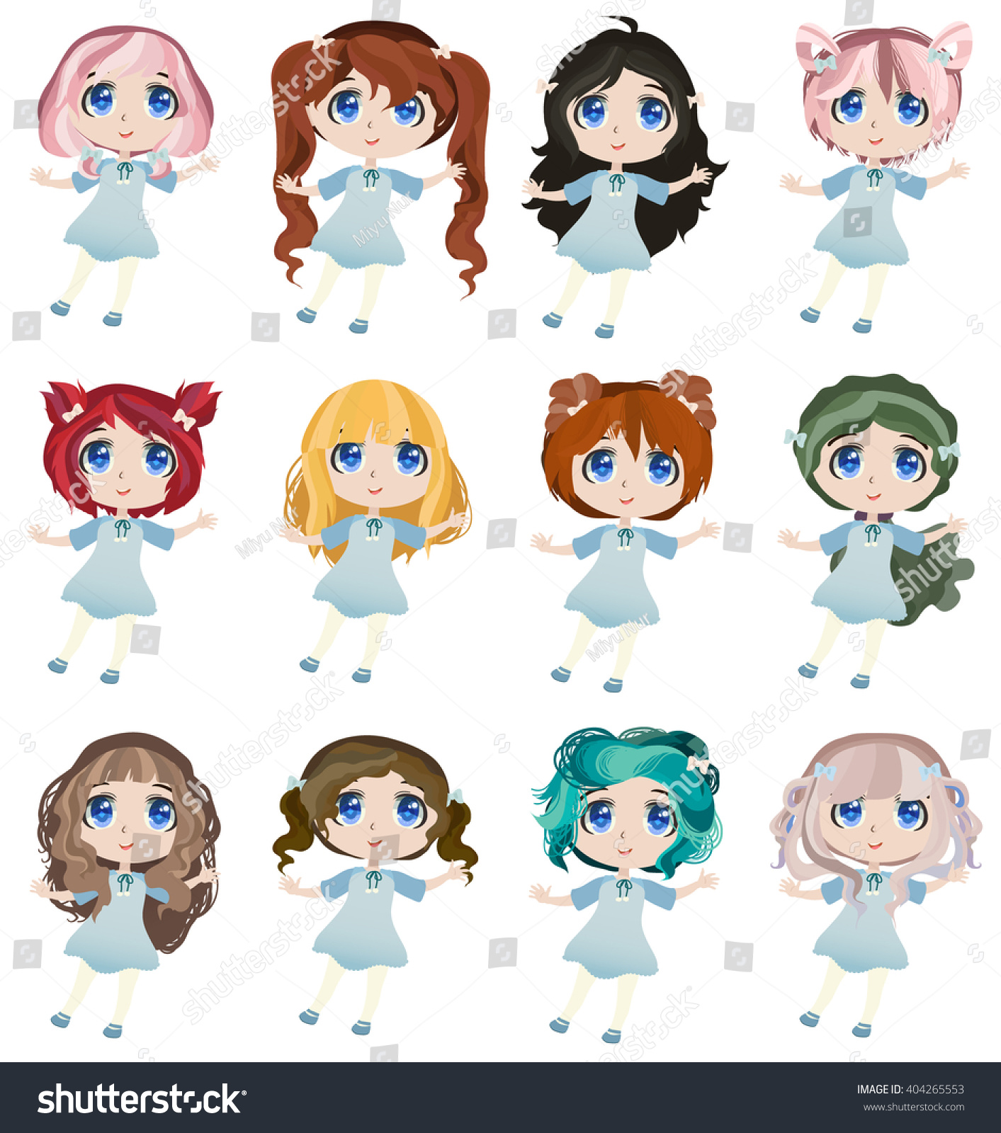 Set Cute Anime Chibi Girls Different Royalty Free Stock Image