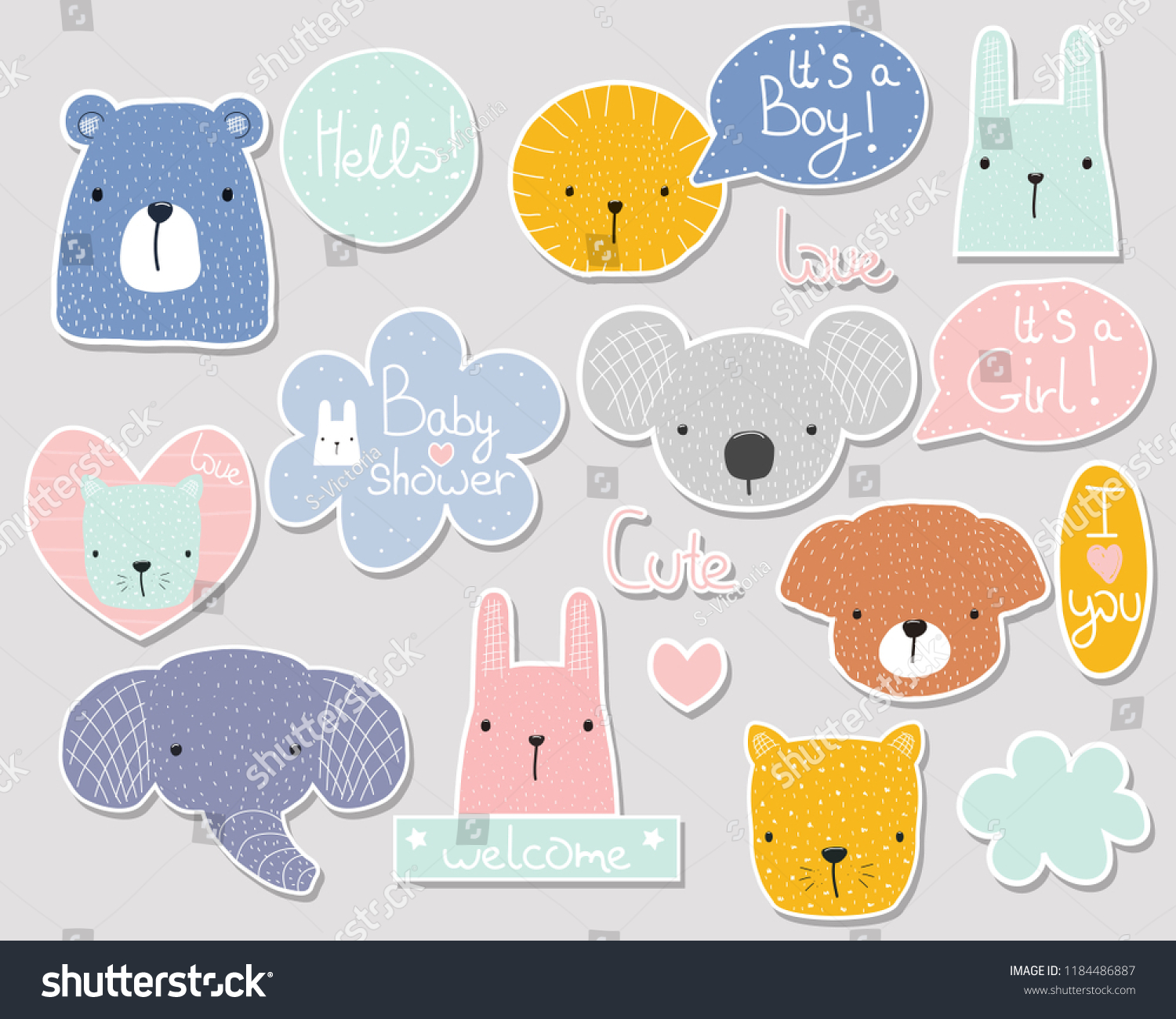 Set Cute Baby Shower Stickers Cartoon Stock Vector Royalty Free 1184486887