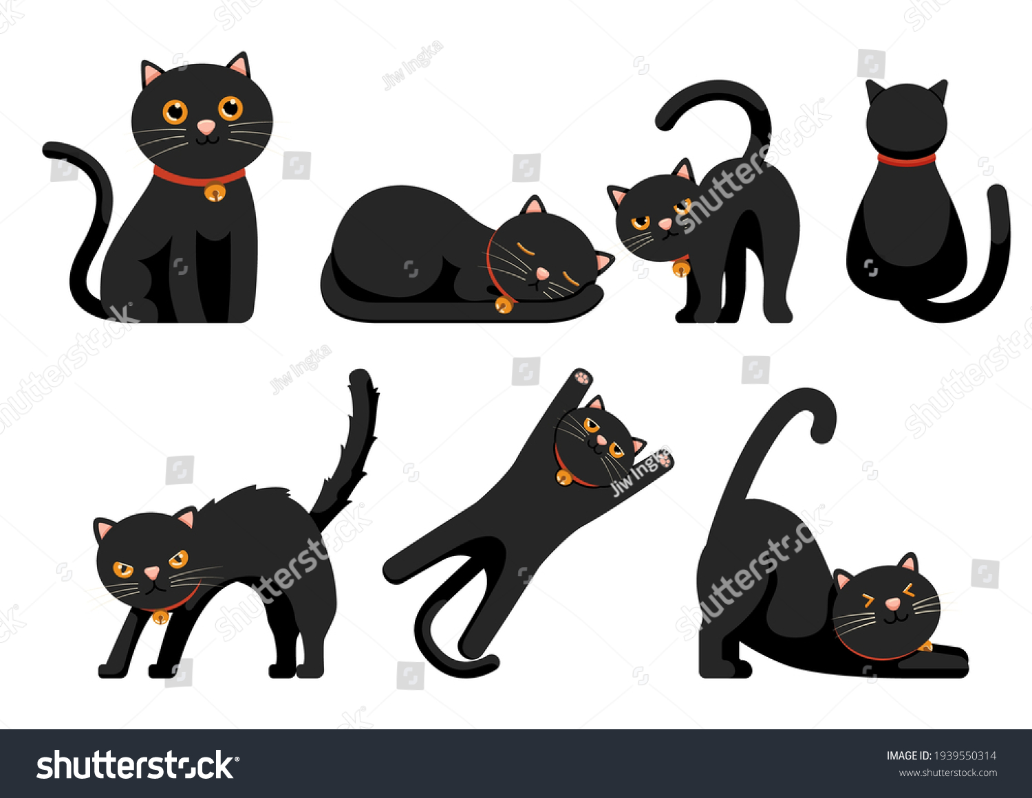 SVG of Set of Cute Black Cats Set Isolated on White Background. Funny Cartoon Animal Characters svg
