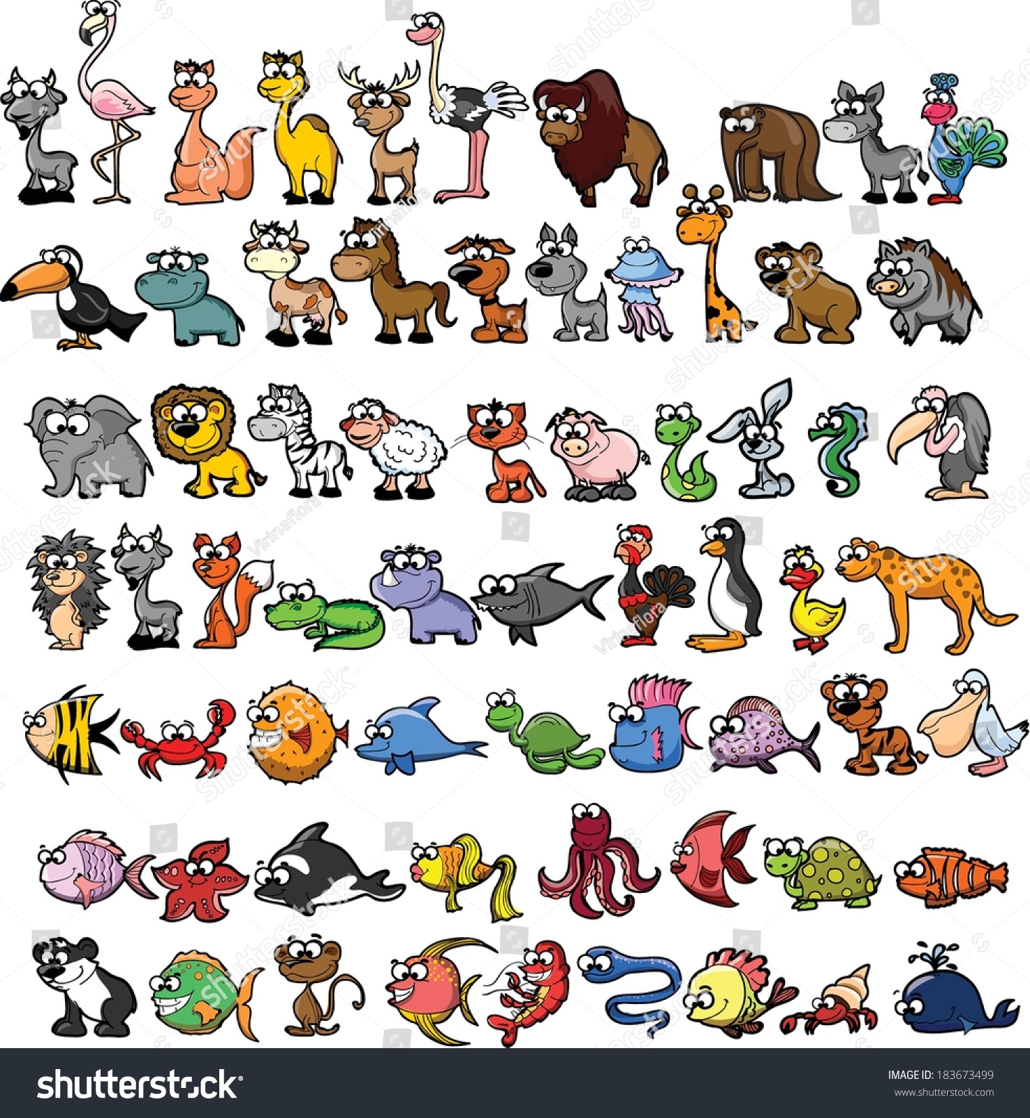 Set Of Cute Cartoon Animals Stock Vector Illustration 183673499 ...